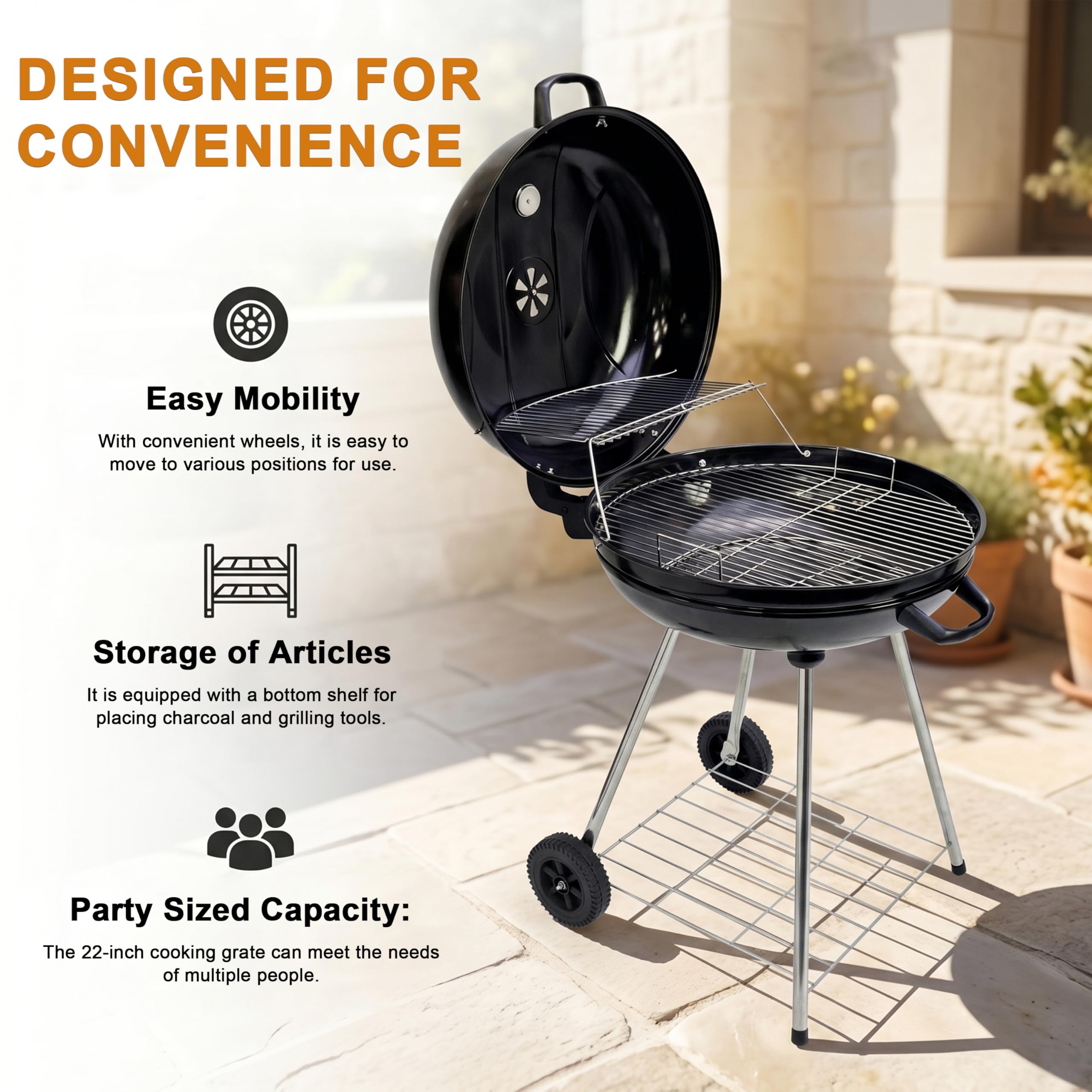 Elitzia ETBBQ01 Przenośny grill na węgiel drzewny z kółkami, czajnik, grill na zewnątrz, grill, pionowy kemping, podwórko, patio, ogród, okrągły grill na węgiel drzewny, do gotowania na świeżym
