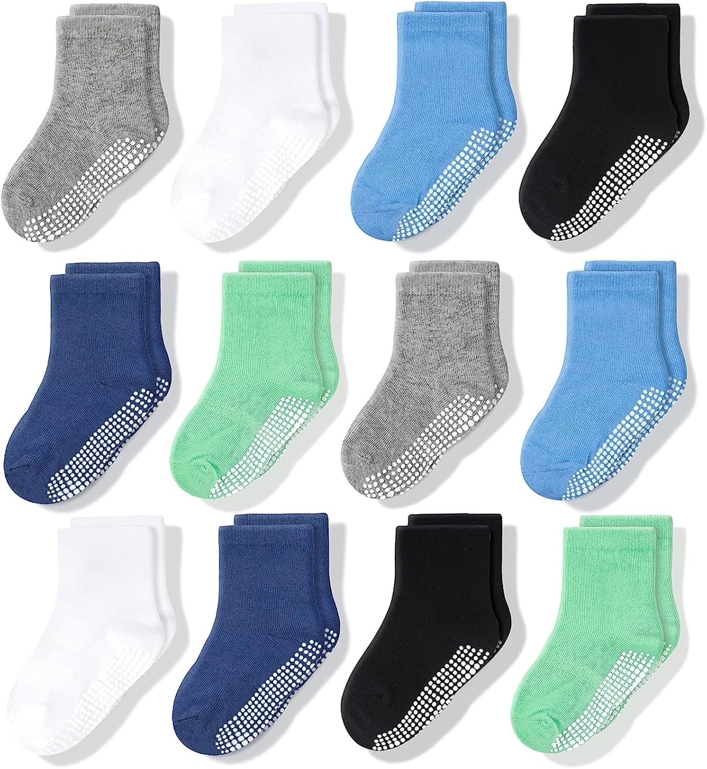 CozyWay Baby & Toddler Socks With Grippers Non Slip Crew Grip Socks for Girls and Boys Soft Comfy Cotton - 12 Pack