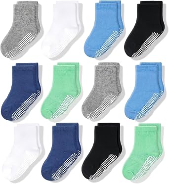 CozyWay Baby & Toddler Socks With Grippers Non Slip Crew Grip Socks for Girls and Boys Soft Comfy Cotton - 12 Pack