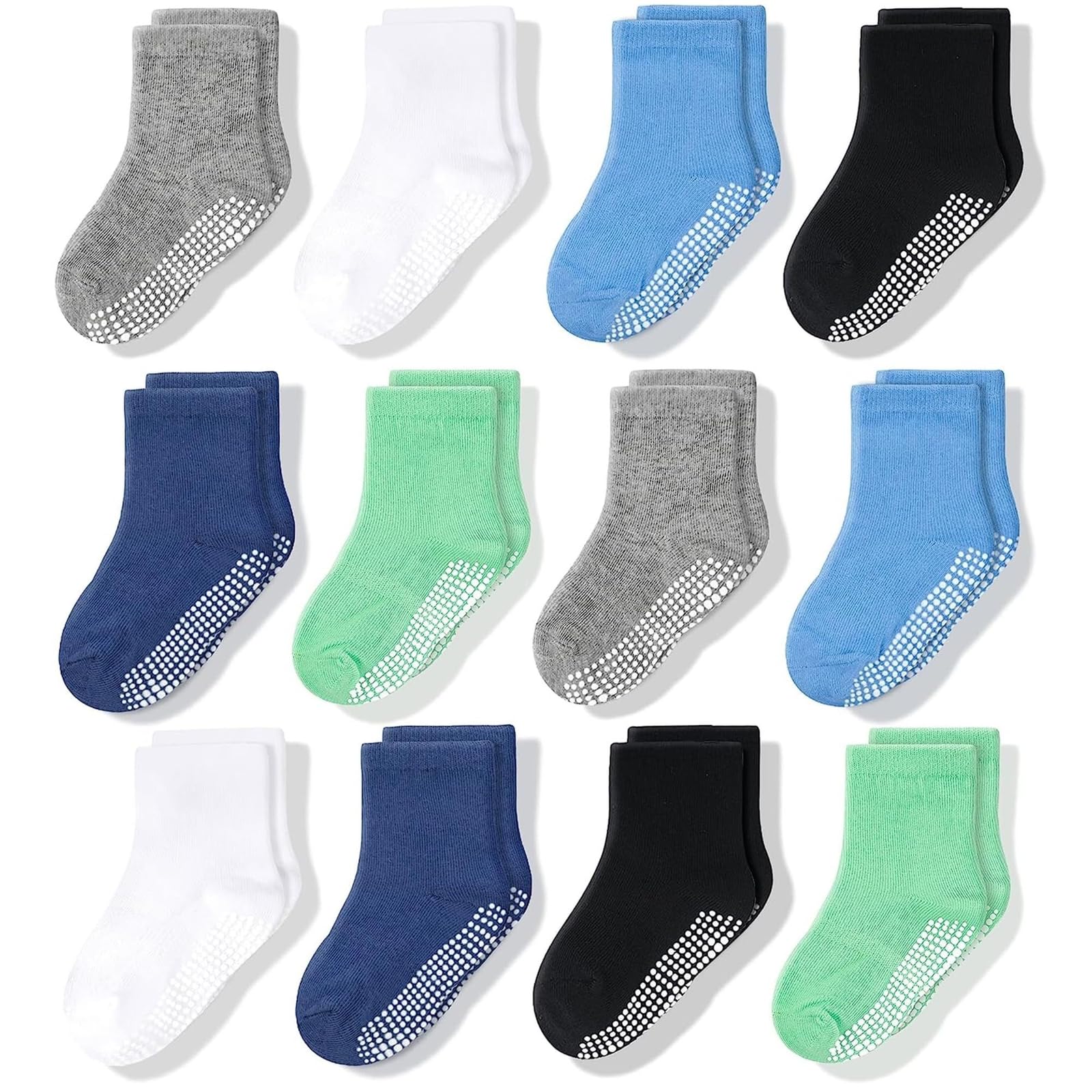 CozyWay Non Slip Baby Socks Toddler Socks 12 Pairs with Grip for Boys Girls Baby Infants Kids Anti Skid Cotton Crew Socks 6-12 Months