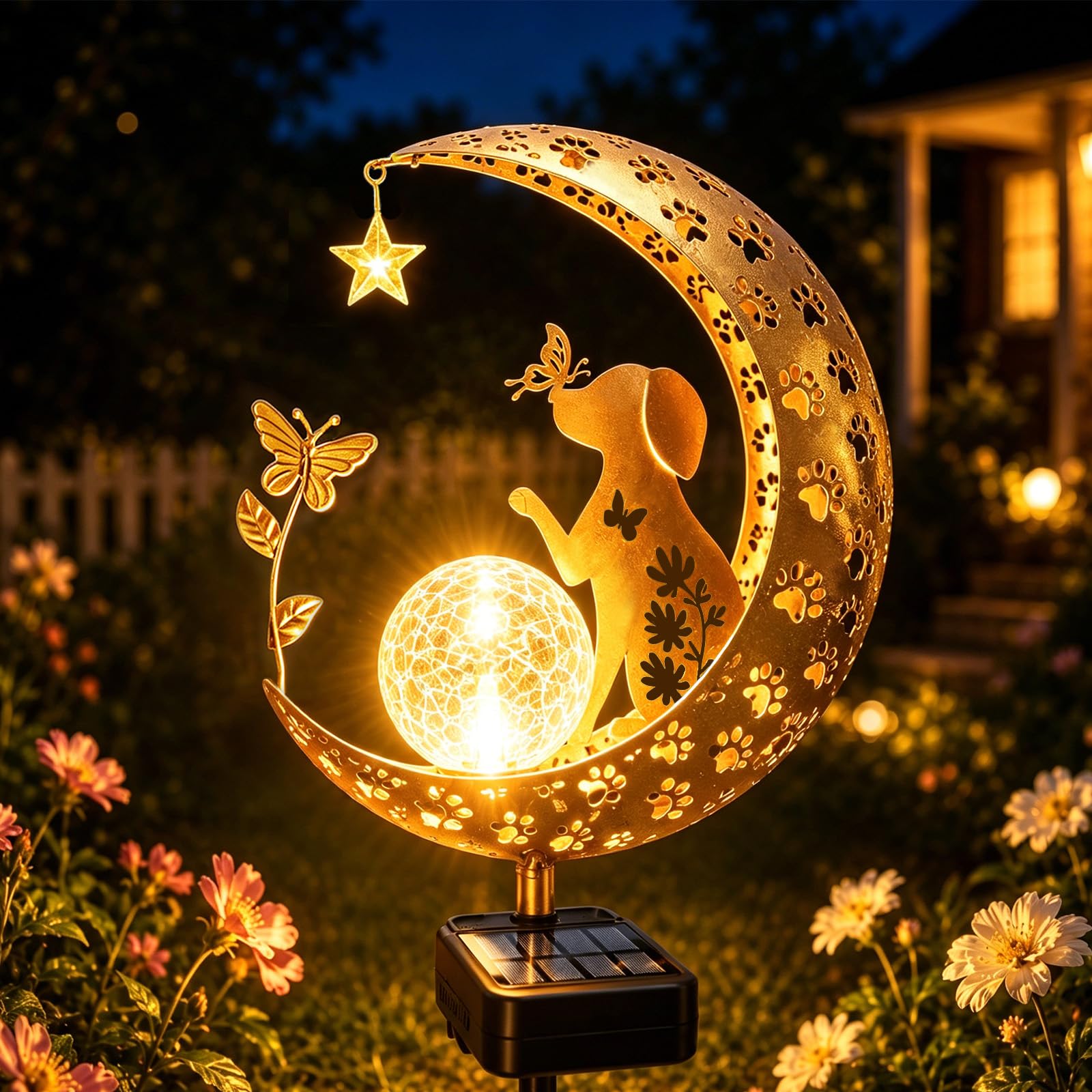 Solarleuchten Outdoor Dekorative Mond Hund Solar Pfahl Lichter Gartenarbeit Geschenke für Frauen Garten Ornamente Wasserdicht für Gehweg, Hof, Rasen, Terrasse