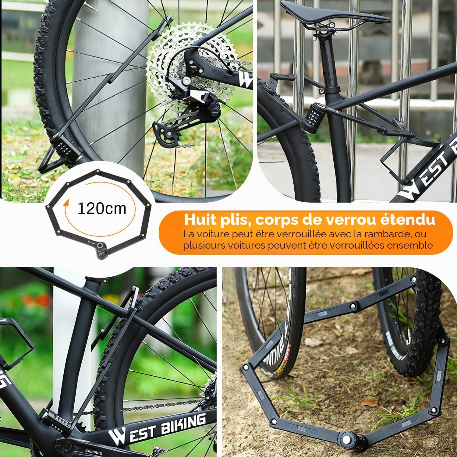 Antivol de vélo, antivol à combinaison, antivol pliable, niveau de sécurité 15, serrure à combinaison, 120 cm avec support