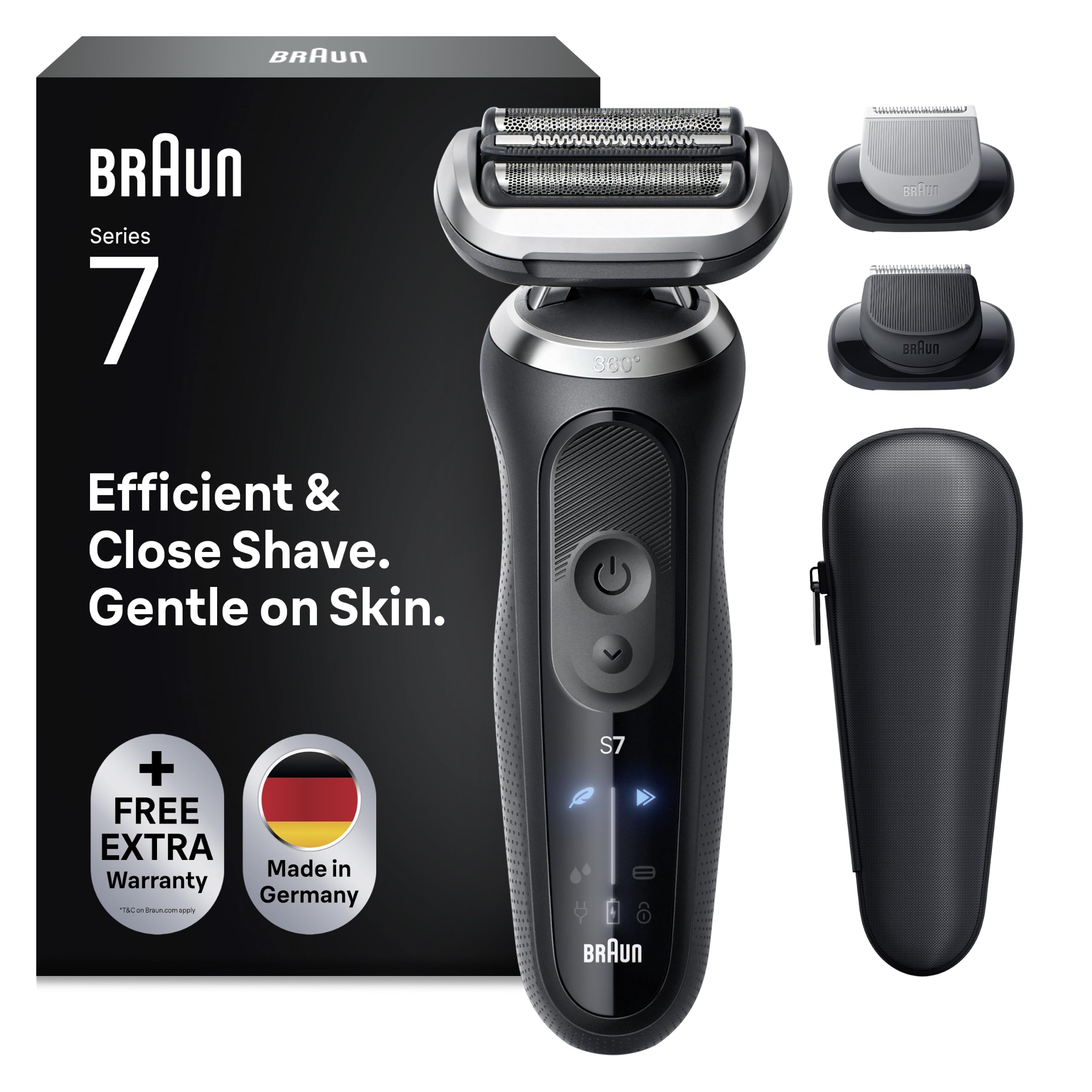Braun Rasoir électrique Series 7, jusqu'à 60 min, +2 douilles, rasoir sans fil, rasoir homme humide et sec, 100% étanche, 72-N1620S, Noir