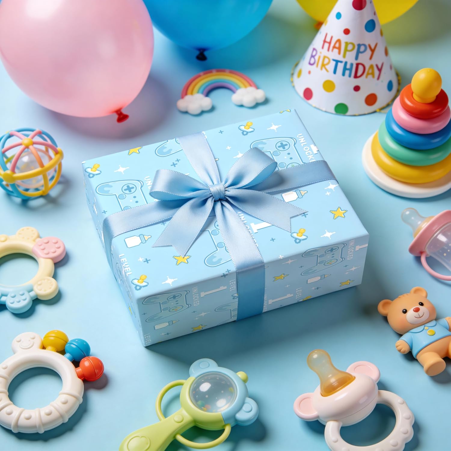 LeZakaa Level 1 Unlocked Baby Wrapping Paper Roll, Blue Controller & Bottle Design Gift Wrap for 1st Birthday Party, Baby Shower Decorations, Newborn Welcome, Mini Roll 17 in x 16.4 Ft image 3