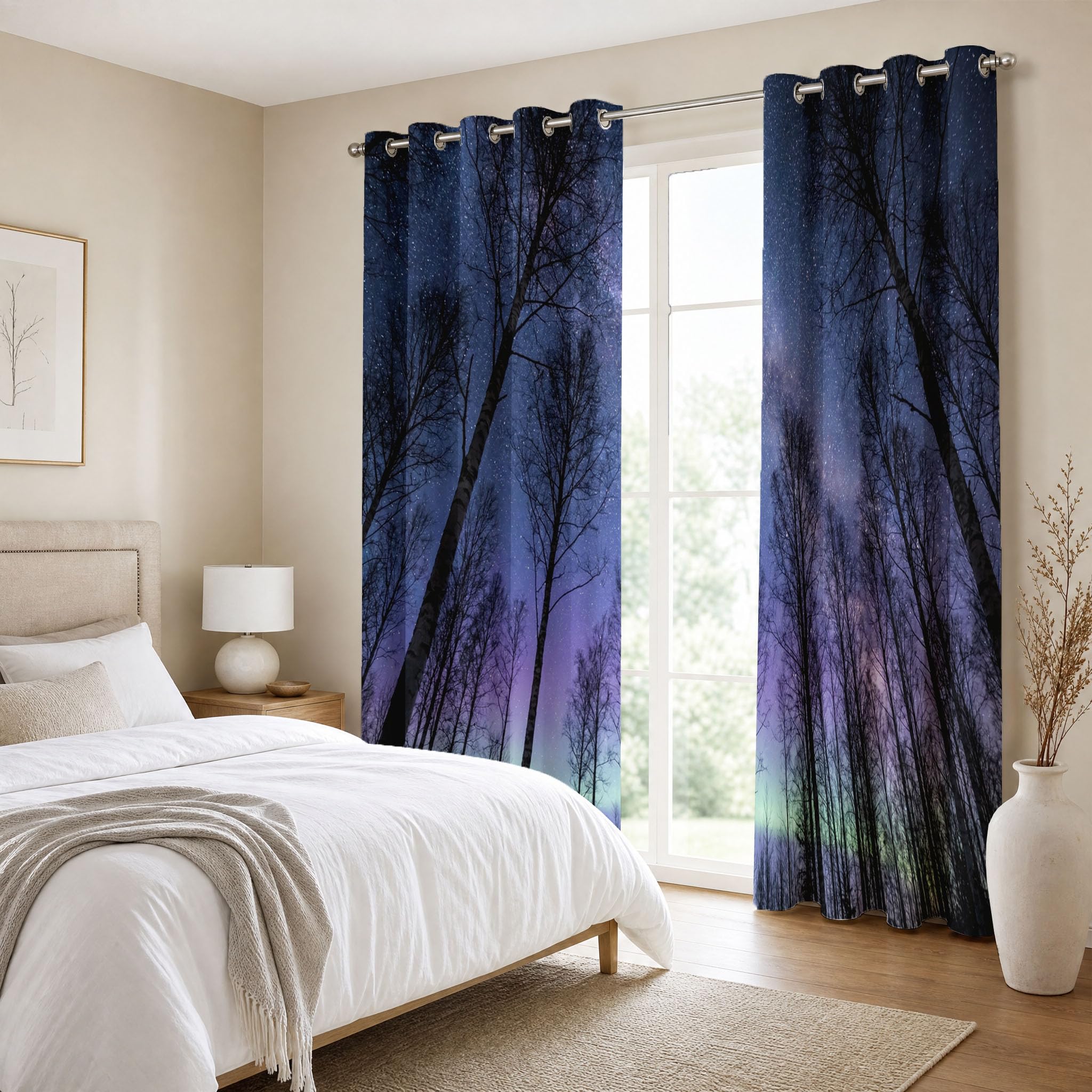 Cortinas Opacas Salon La Naturaleza El Cielo Estrellado,Cortina Bosque Invernal para Dormitorio Decoracion Habitacion,Cortinas Termicas Blackout 140×245cm 2 Paneles,Azul