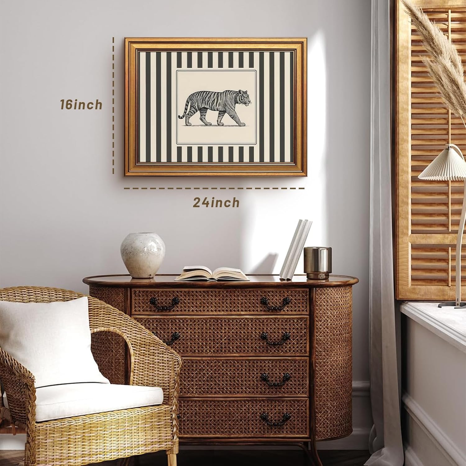 Vintage Gold Framed Tiger Wall Art, Wildlife Pictures Wall Decor, Wild Animal Illustration Striped Canvas Prints Printings, Big Cat Artwork for Living Room Bedroom Office 16x24 Inch