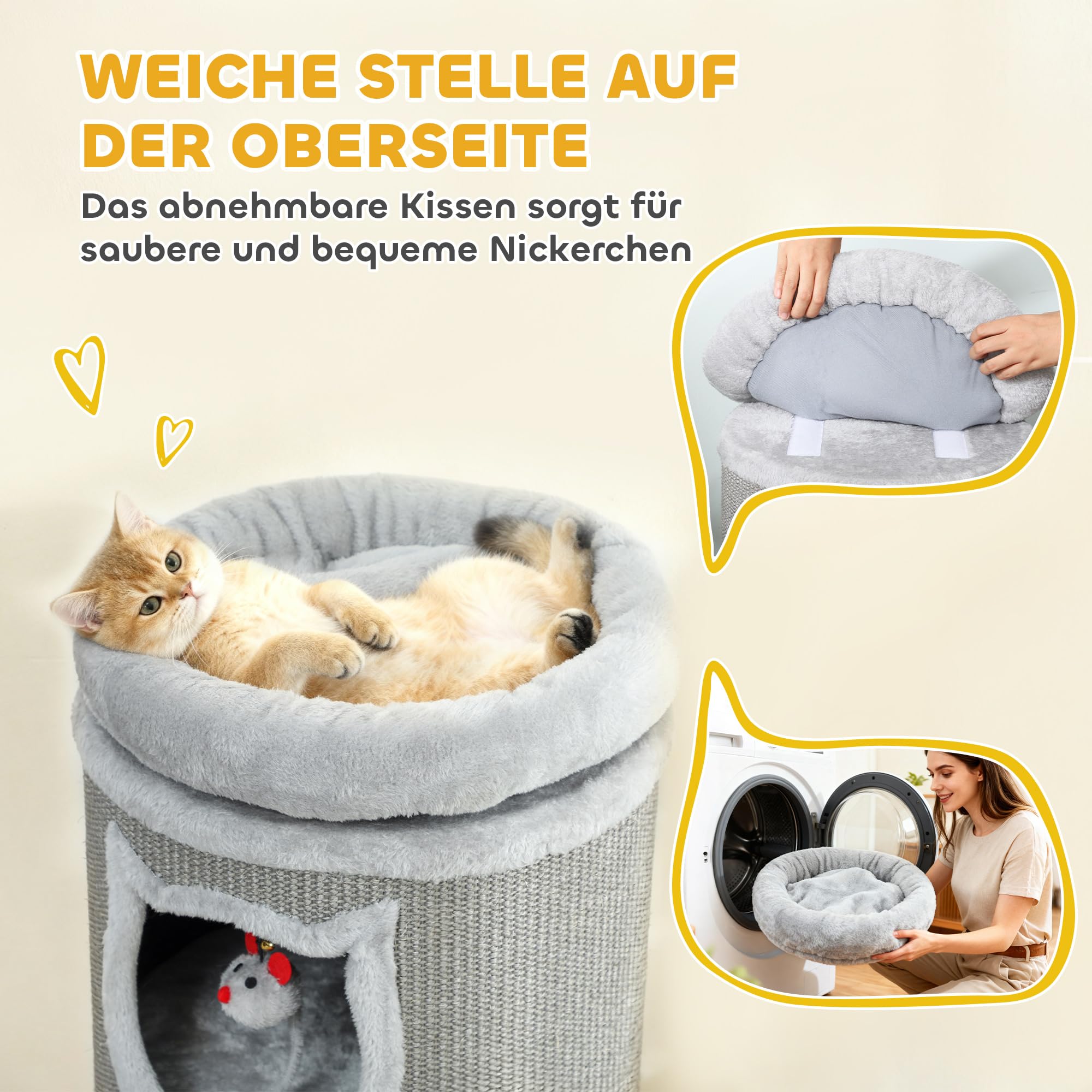 PawHut Kratztonne 96 cm Hoch Ø 38 cm vierstöckige Katzentonne mit Plüschrand, abnehmbarem und waschbarem Plüschbett, Katzenhöhle, Kratzbaum für Katzen unter 6 kg, Grau