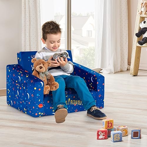 Miniatura 34 de Costzon Sofá para niños, sofá infantil abierto 2 en 1 con tela de terciopelo, bolsillos de almacenamiento, reposabrazos para niños pequeños, cama
