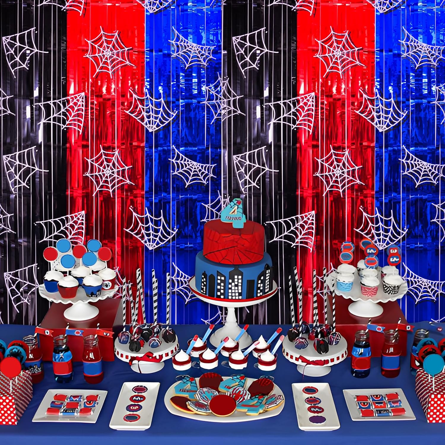 Bupelo Spider Web Birthday Decorations, 2 Pack Spider Party Supplies 3.3x6.6ft Tinsel Foil Fringe Curtains, Red Black, and Blue Photo Booth Prop Backdrop Streamer, Birthday Decor, Party Decor for Boys | Spider Party Supplies, 3.3x6.6ft Red Black and Blue Photo Booth Prop Backdrop Streamer, Party Birthday Decor for Boys