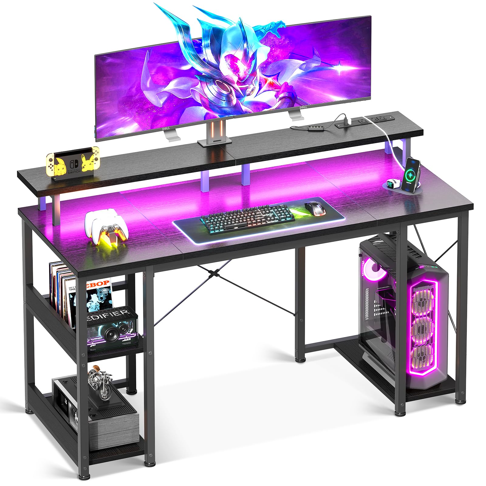 ODK 48 inch Gaming Desk with LED Lights & Power Outlets, Computer Desk with Monitor Stand & Storage Sheves, CPU Stand, Home Office Desk, Black