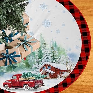 Christmas Tree Skirt 48 Inches Red Truck Xmas Tree Skirt Buffalo Plaid Christmas Decorations Farmhouse Christmas Tree Mat for Holiday Party Decor