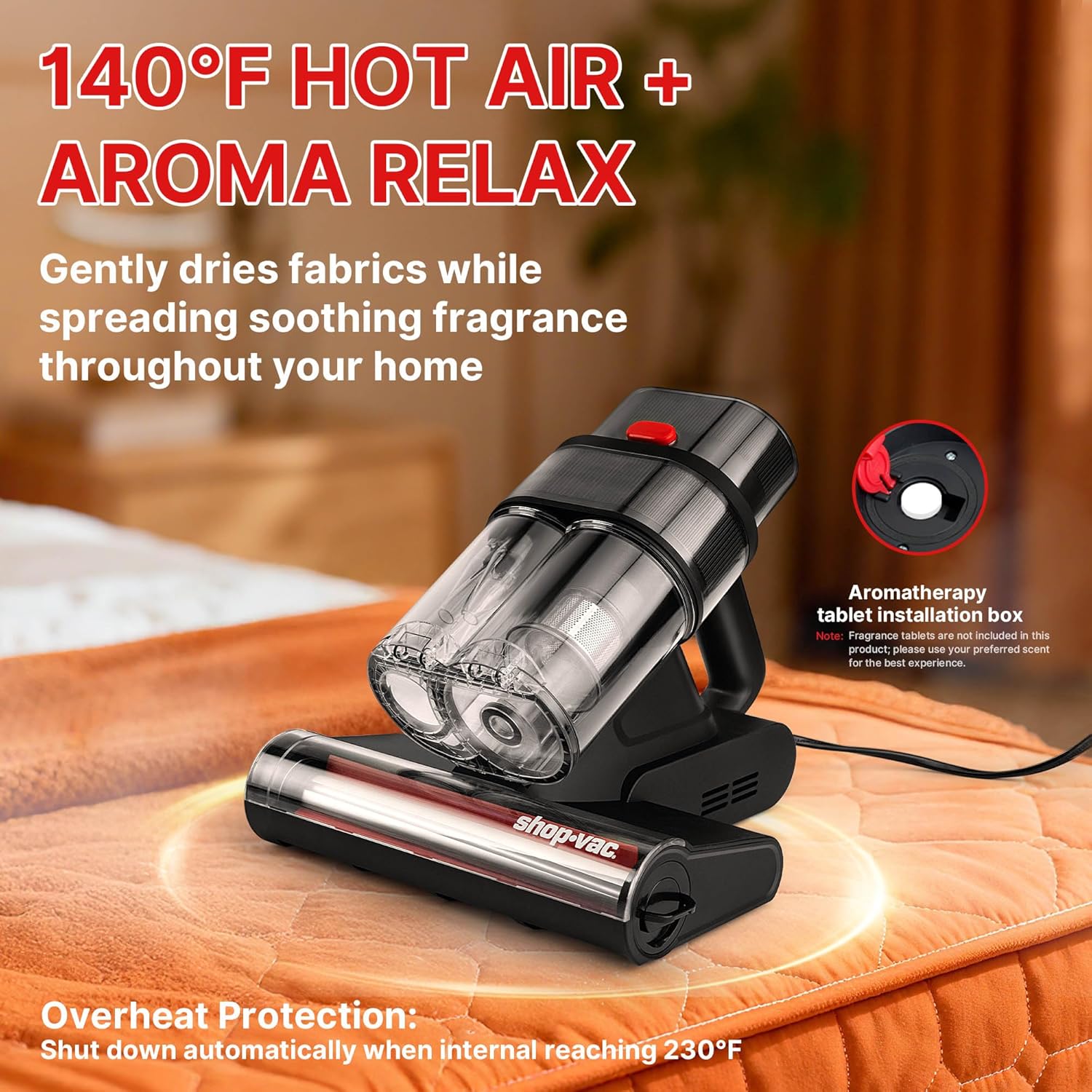 Shop-Vac Mattress Vacuum Cleaner, 14KPa Powerful Bed Vacuum with 253.7nm UV-C Light, 36960 RPM/Min Tapping, HEPA Filter & Ultrasonic, Dual Cup Filtration, for Bed, Sofa, Couch, 400...