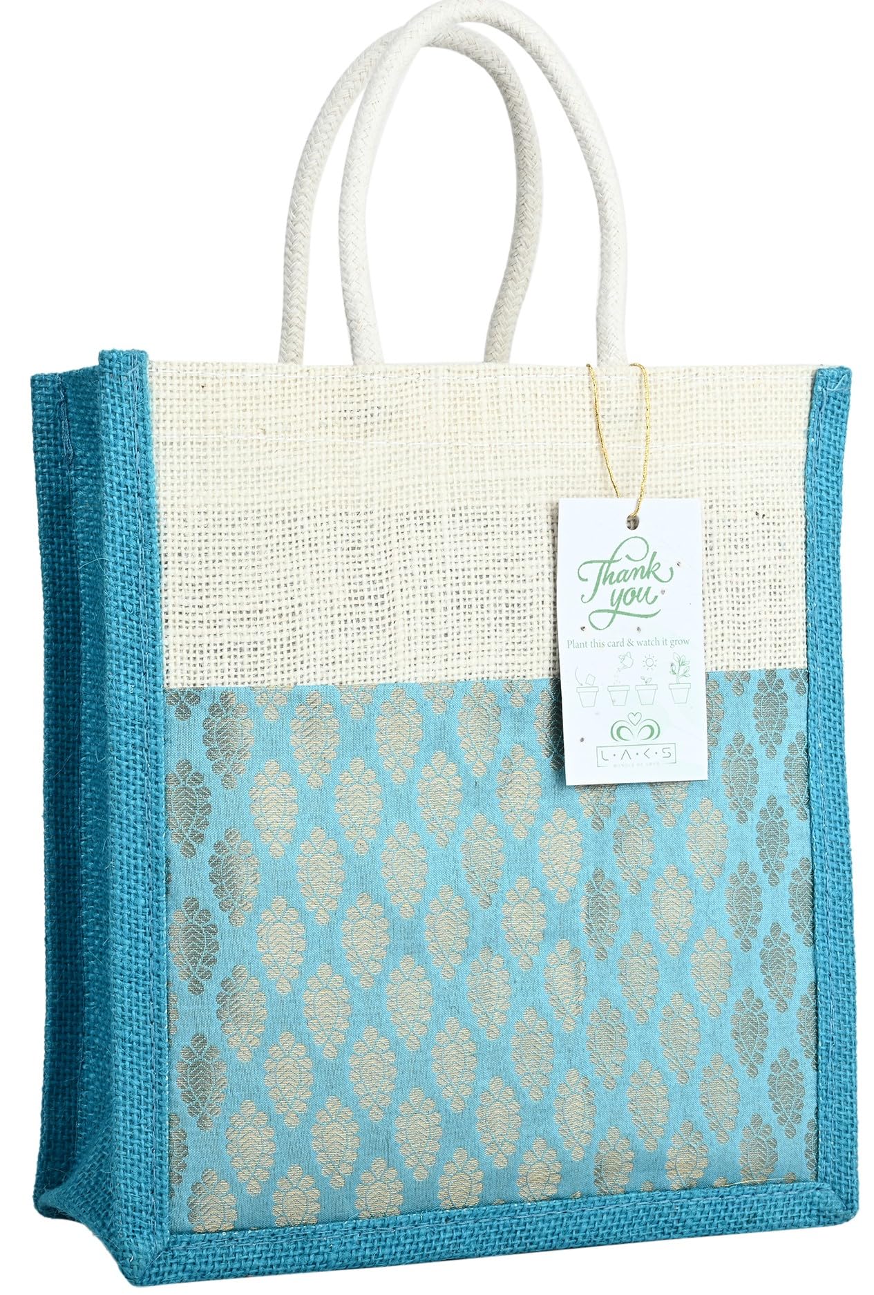 LAKS - Jute Gift bags - Jute Bags - Jute Bags For Return Gifts - Gift bags Small Size - 10x10x4 inch - With Seed Paper Thank You Card (Brocade - Blue, Pack of 5)