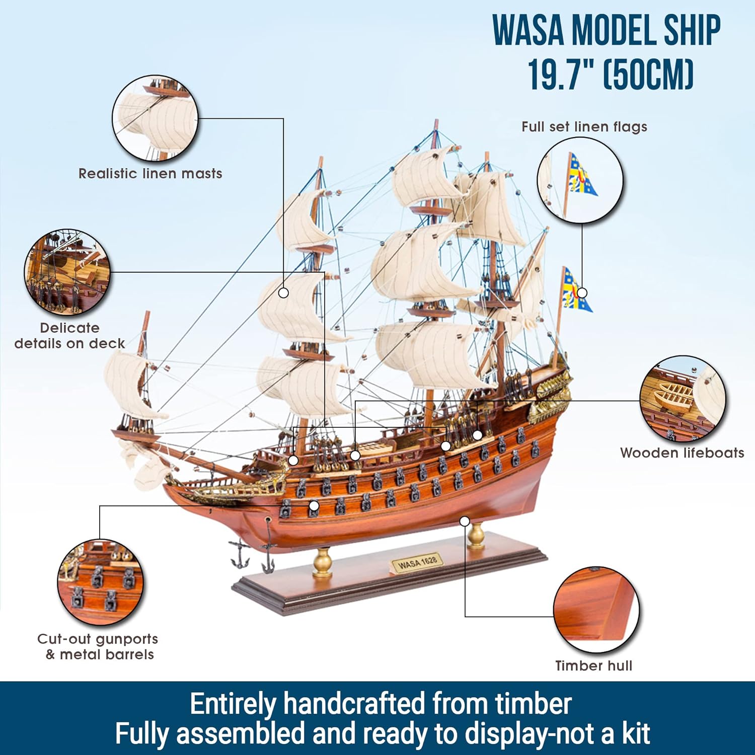 Wasa (Vasa) 19.5" Fully Assembled Model Ship - Wooden, Metal & Linen - 1:153 Scale - Kid - Naval History - Unisex - Not Foldable