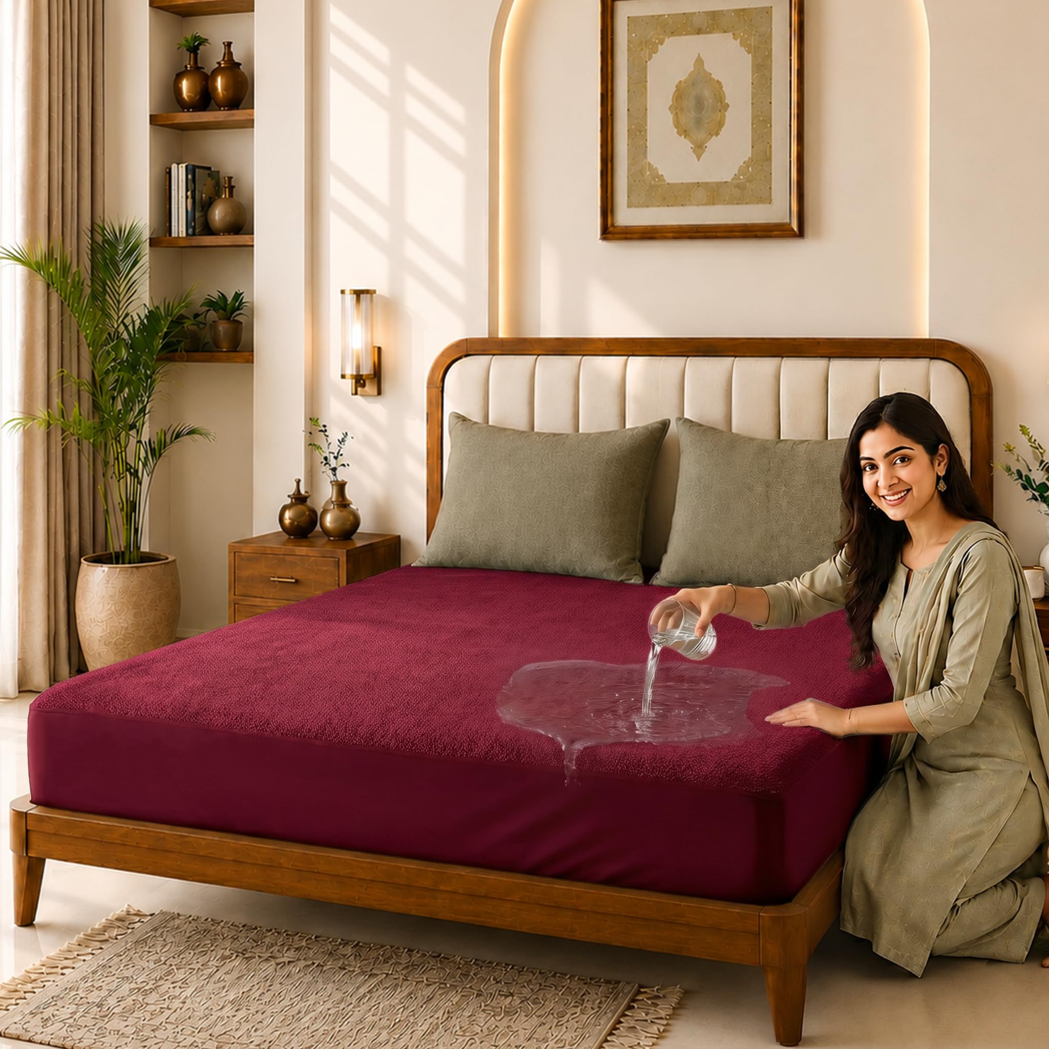 Glassiano Cotton Feel Terry Ultra Soft Waterproof Mattress Protector | Breathable - Hypoallergenic Mattresses Cover with Elastic Strap for King Bed (72x75 inch|6x6.2 feet, Maroon - Pack of 1)-image-42