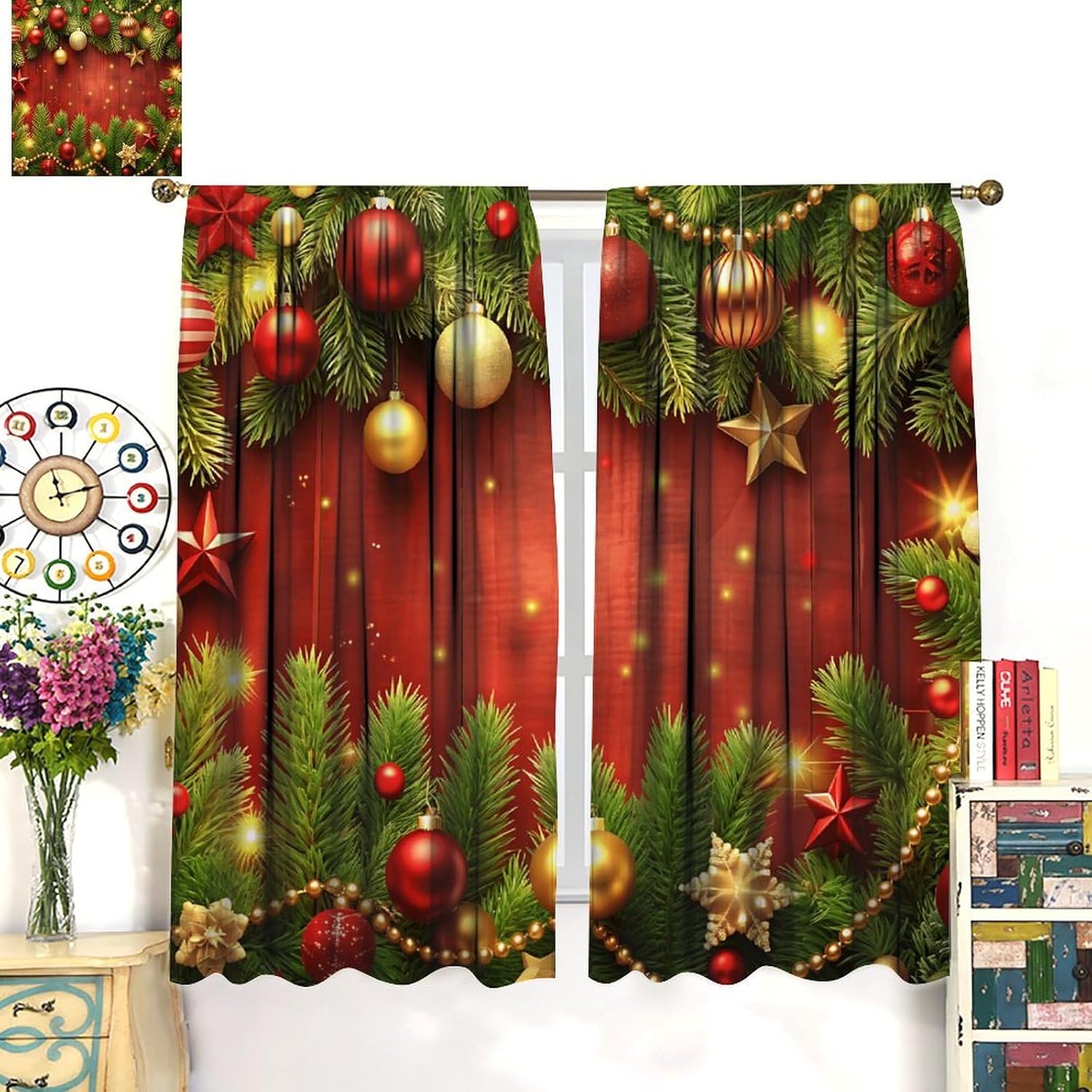 Christmas Ball Curtains, Colorful Xmas Balls Green Pine Branches Happy New Year for Room Window Decor, Rod Pocket Blackout Drapes for Living Room Bedroom Kitchen 2 Panel Set 21" W X 45" L