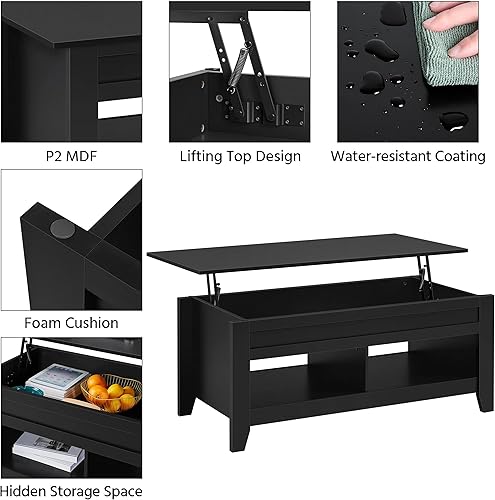 Miniatura 4 de Topeakmart Mesa auxiliar elevable con compartimento oculto y estante de almacenamiento abierto, mesa central elevable de altura ajustable para sala