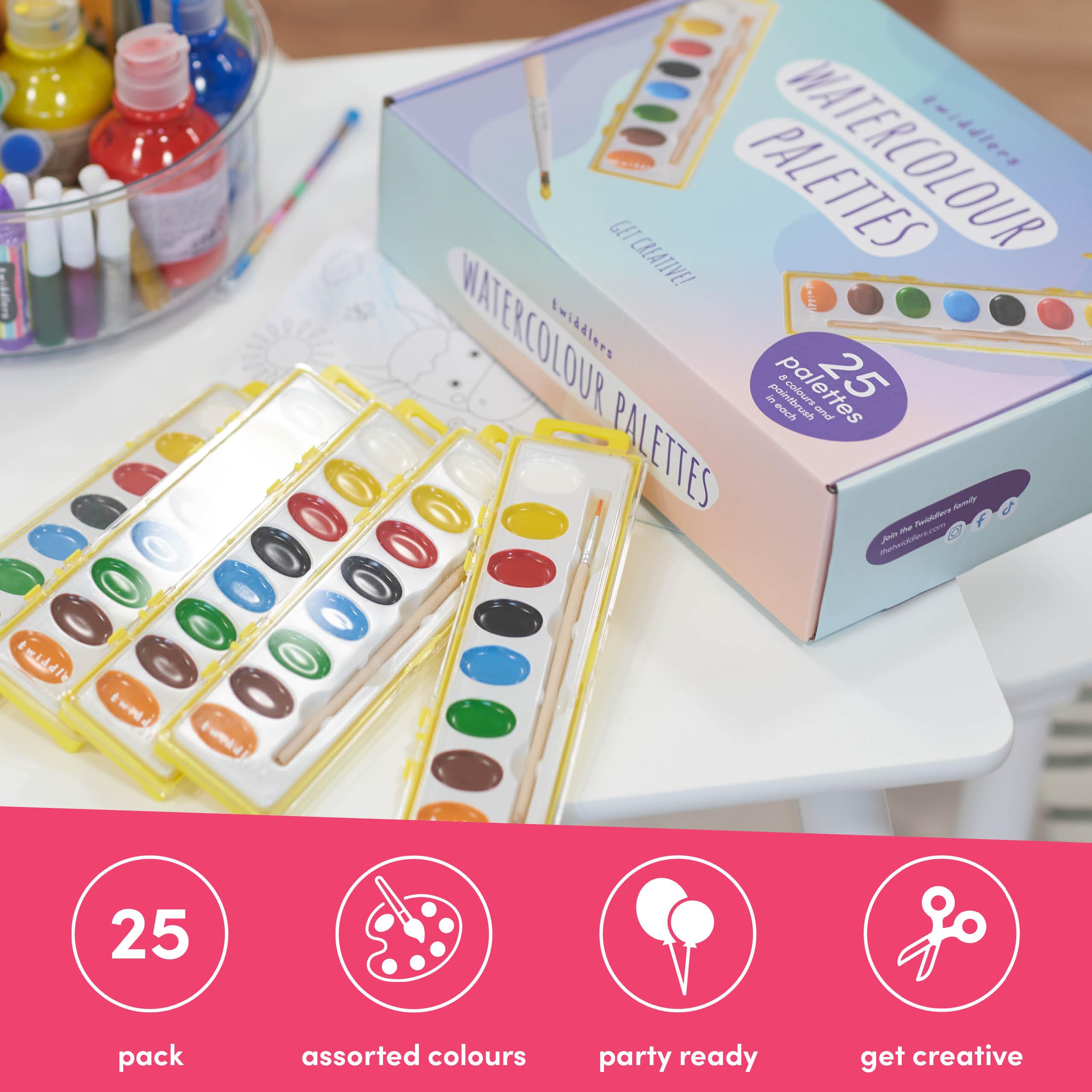 THE TWIDDLERS - 25 Palette di Colori ad Acquerello, Pennelli Individuali con Pennello in Legno e 8 Colori Vivaci, Basta Aggiungere Acqua, Lavandini - Sacchetti per Feste per Bambini, Regali in Classe