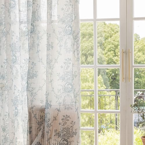 Miniatura 3 de SUOUO Cortinas semitraslúcidas de lino con textura floral azul aguamarina para sala de estar, 84 pulgadas de largo, 2 paneles con bolsillo para