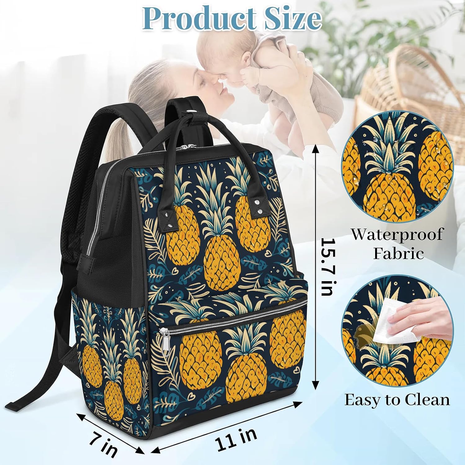 Honeybaby Mommy Bag Backpack & Tote Floral Pineapple 19L Nappy Bag with Adjustable Straps, Easy Access Side-Zip, Handheld & Shoulder Carry, Perfect Shower Gift for New Parents image 3