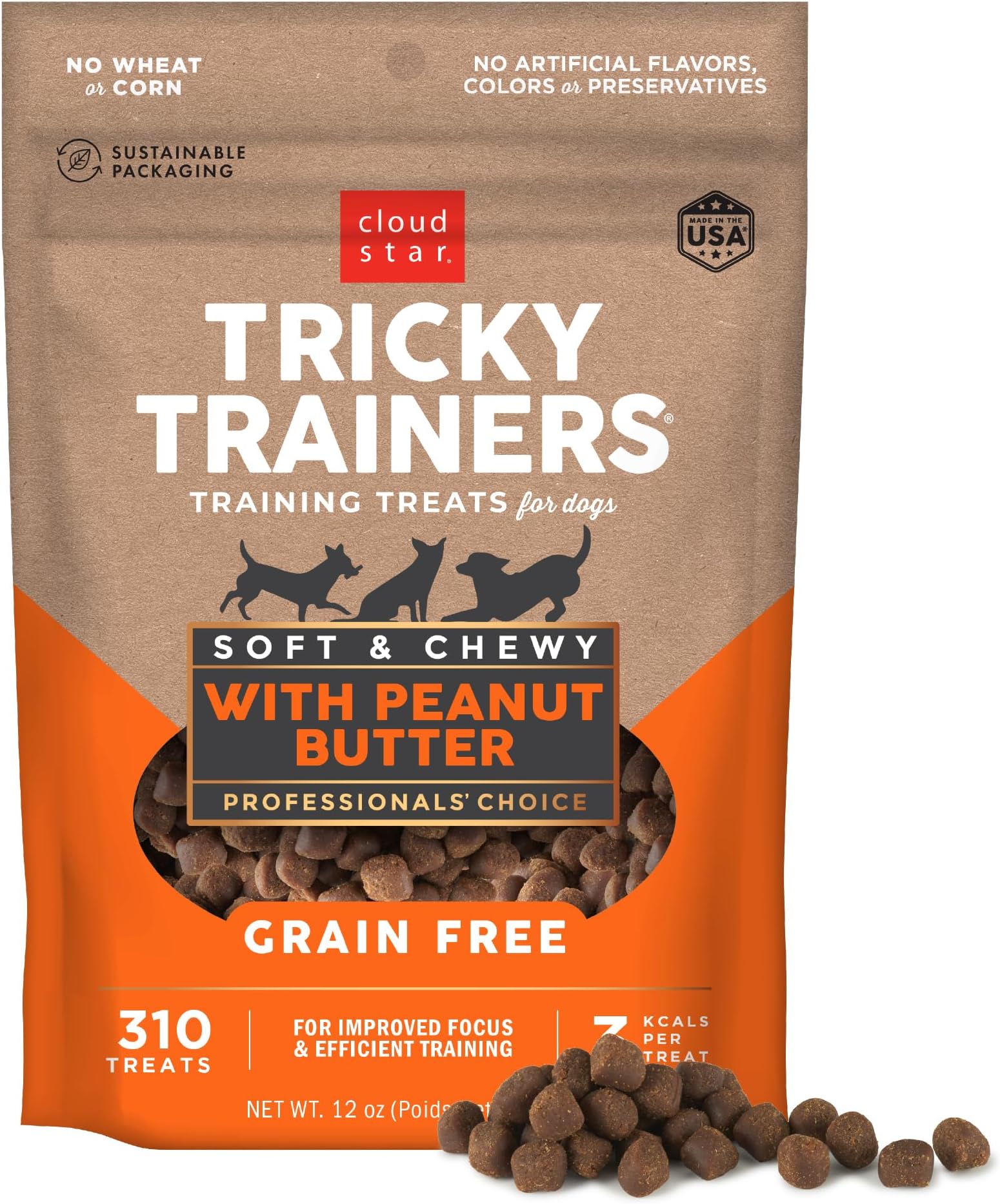 Cloud Star Tricky Trainers Soft & Chewy Dog Training Treats 12 oz. Bag, Peanut Butter Flavor, Grain-Free Low Calorie Behavior Aid with 310 treats