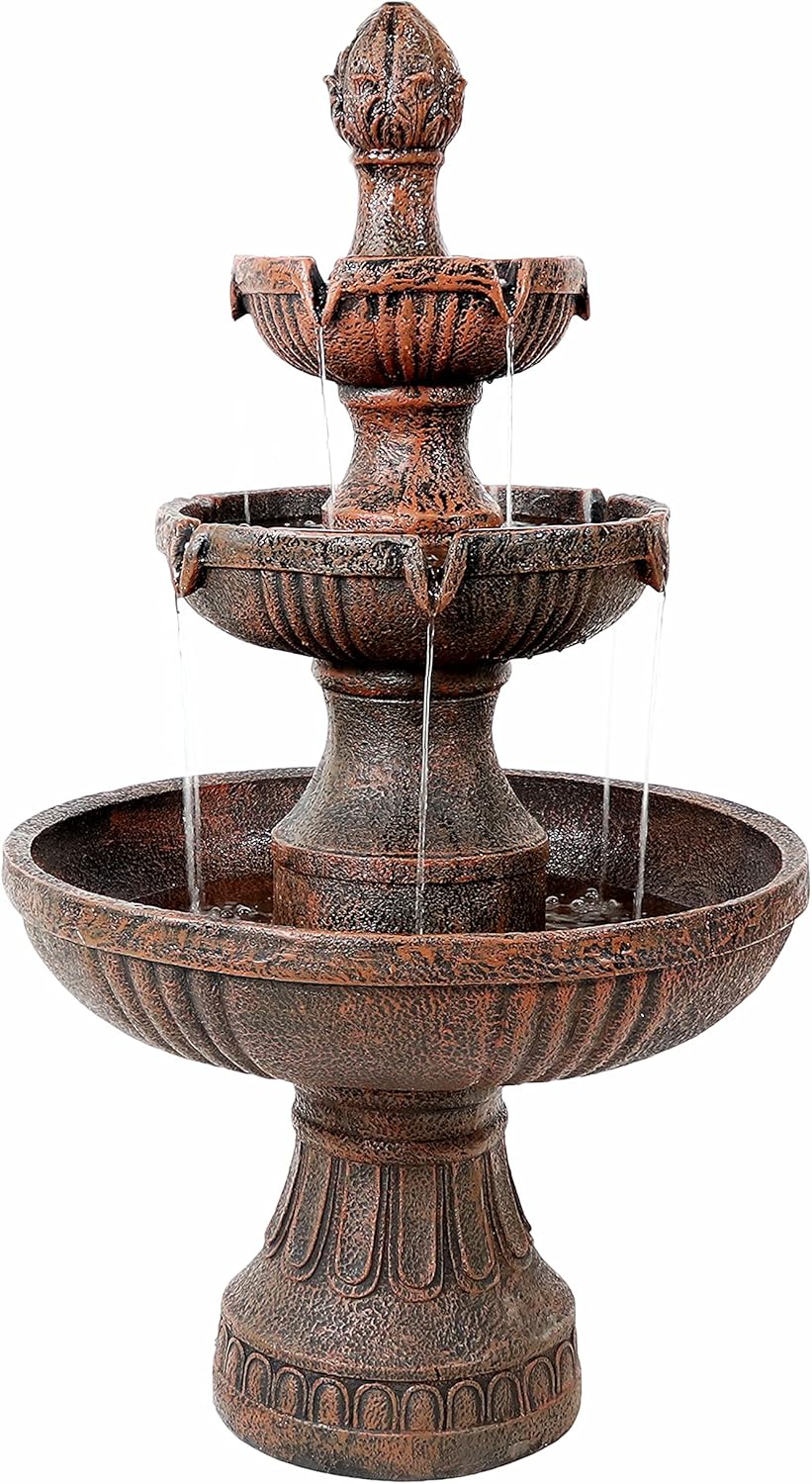 Sunnydaze Flower Blossom 43" Tiered Outdoor Water Fountain - 3-Tiered Outdoor Fountain for Garden, Patio, or Backyard - Earth Finish