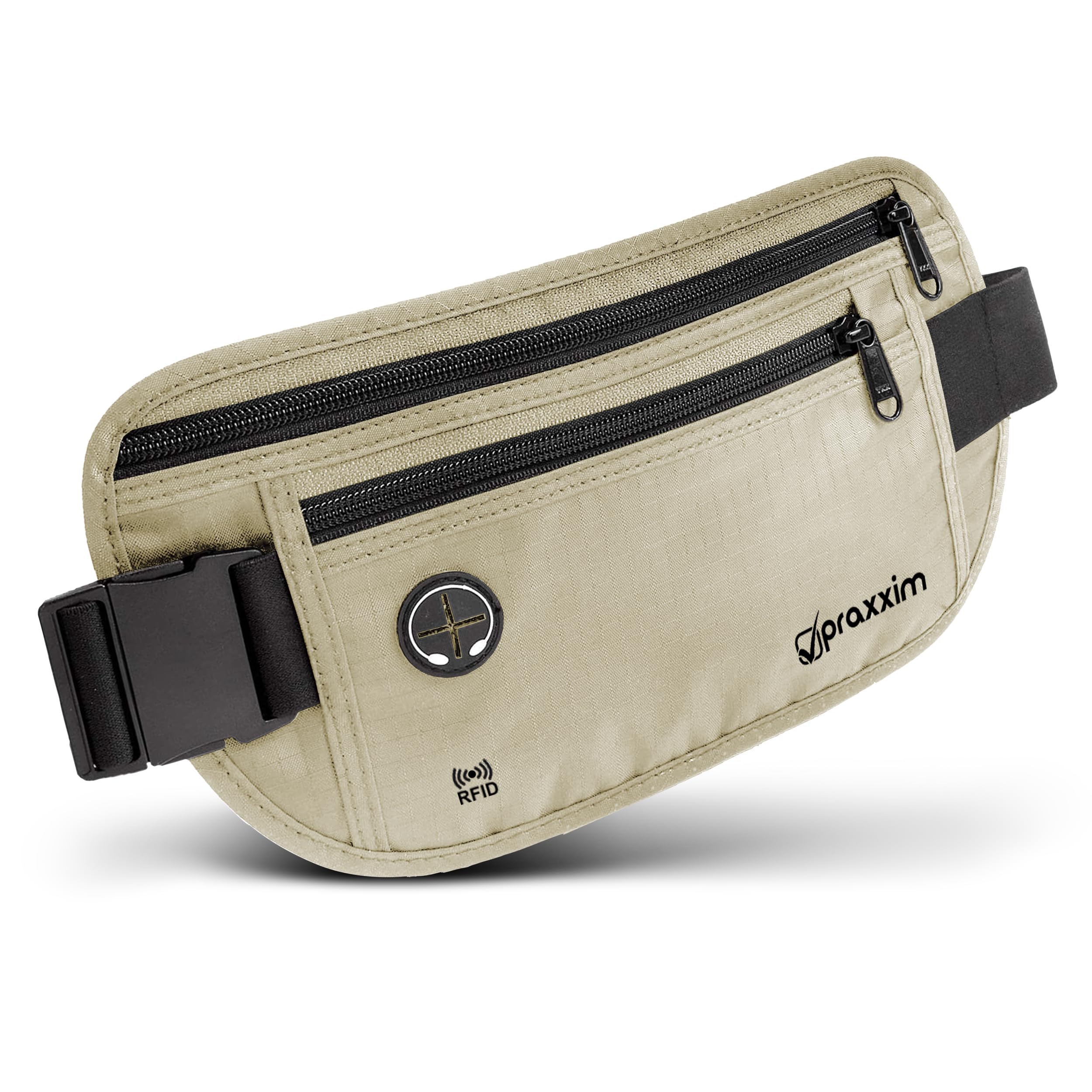 praxxim Die Bauchtasche zum Reisen - DIEBSTAHLSICHER mit RFID Schutz - Extra Flache Bauchtasche unter Kleidung tragbar - Hüfttasche - Reisebauchtasche - Geldgürtel für Damen und Herren - beige
