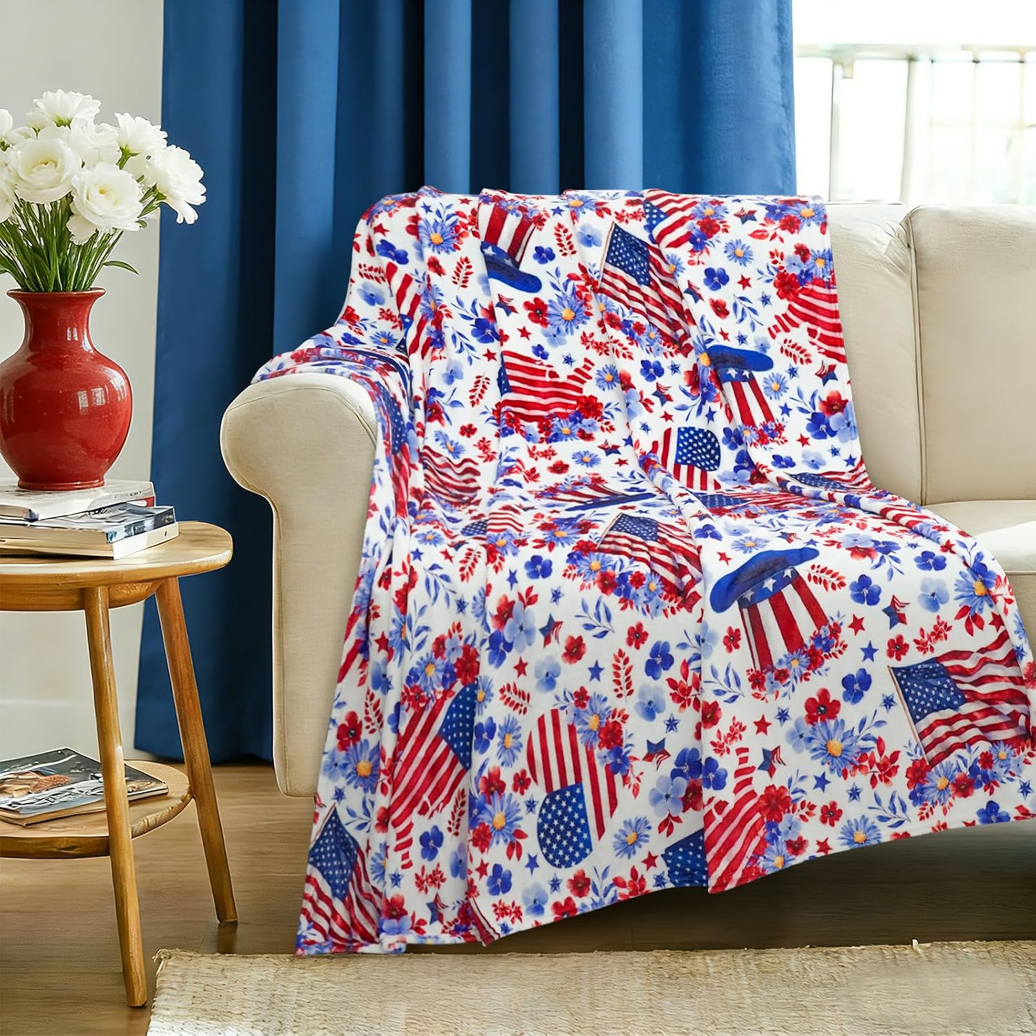 4th of July Blanket Gifts 50"*60" Flannel Plush Red Blue and White Floral Patriotic Throw Blankets American Flag Decor for Women Adults Kids