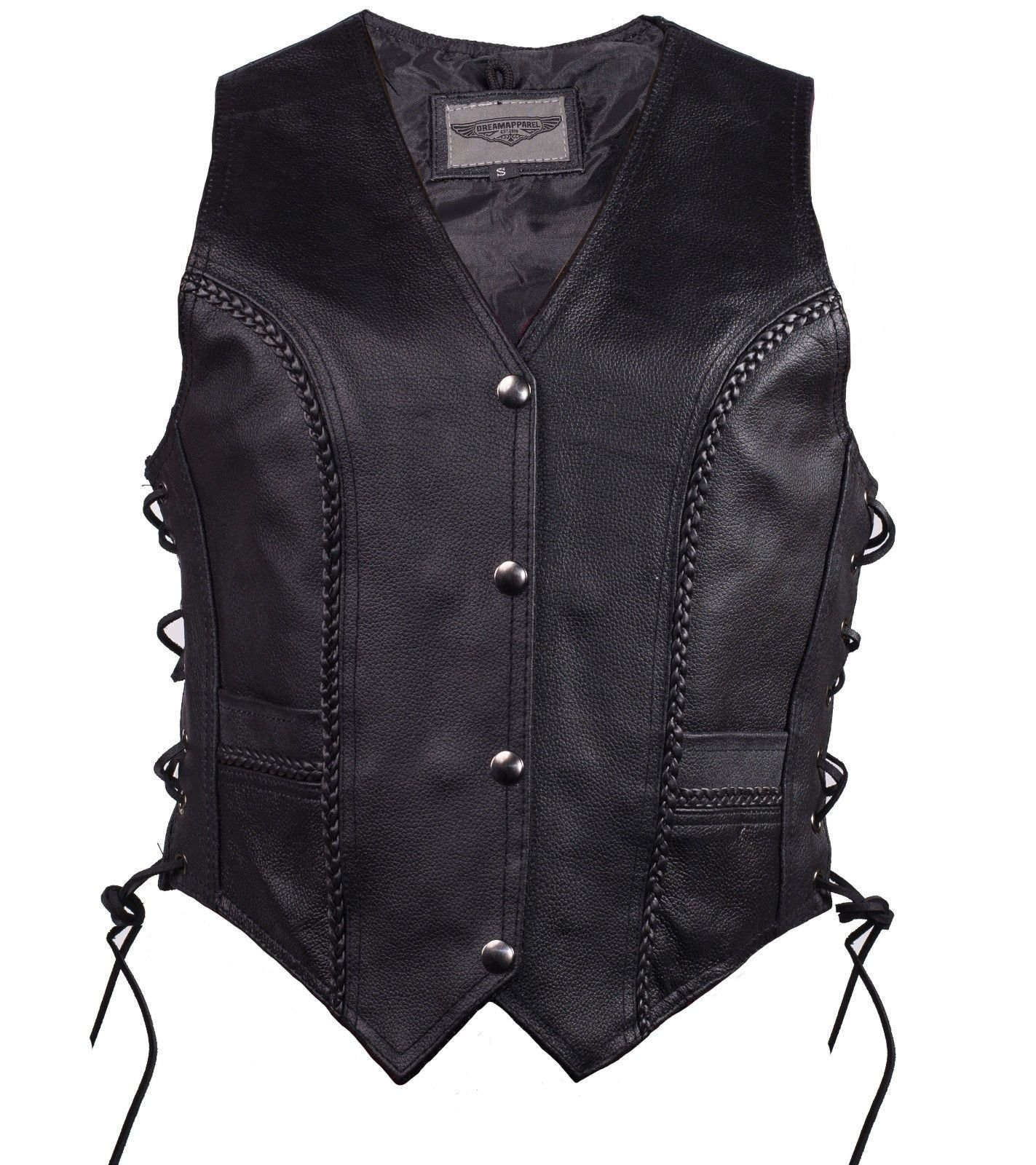 Women's Motorcycle Riding Leather Braided Vest Side Laces Gun Pocket INSIDEBLACK (Regular Regular 4XL Regular)