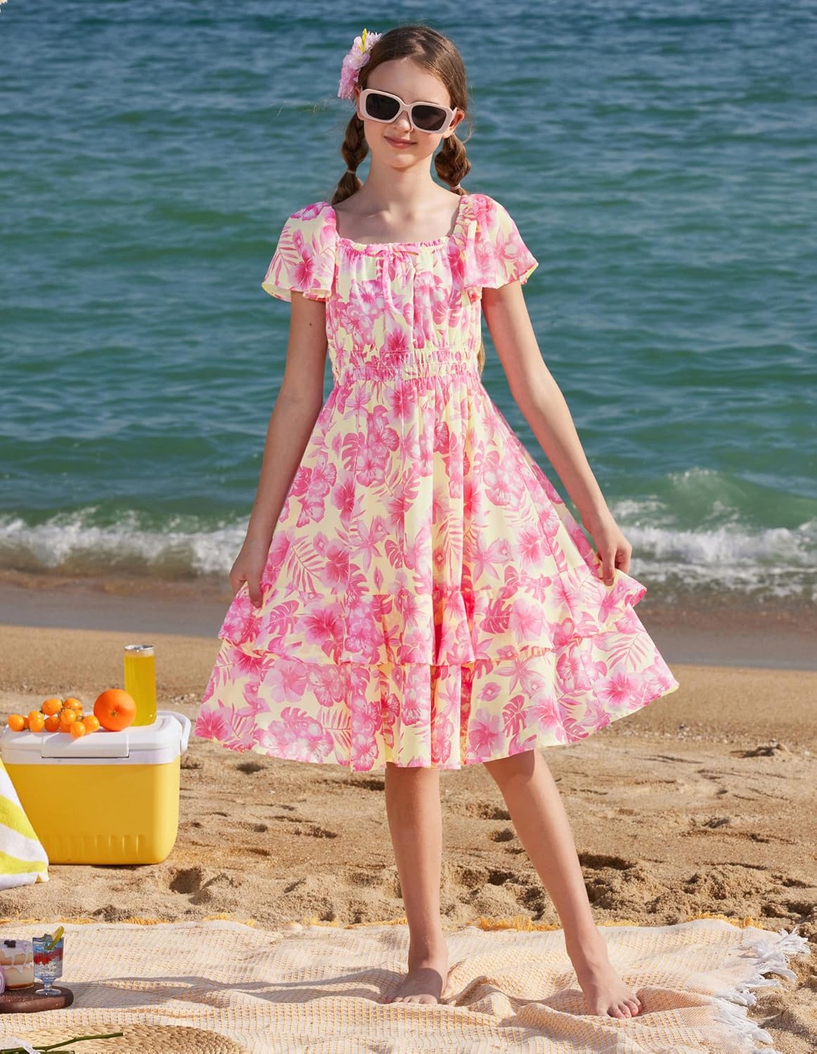 GRACE KARIN Girls Floral Summer Dress Flutter Sleeve Square Neck Midi Casual Dress for Girl 6-14Y - Image 3