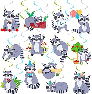 20pcs Raccoon Theme Hanging Swirls Woodland Birthday Party Decorations Raccoon Party Hanging Foil Whirls Ceiling Streamers Decoration for Woodland Theme Birthday Party Forest Animal Party Supplies