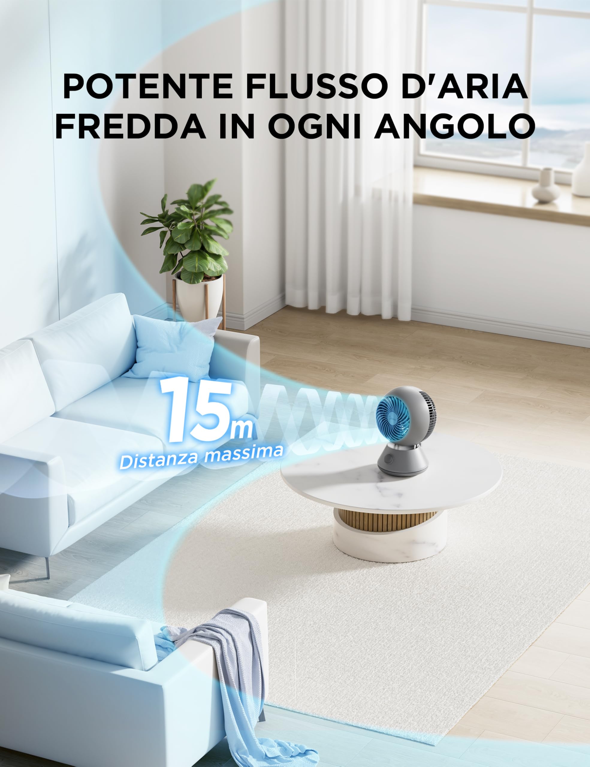 Midea MDF24JG Ventilatore da Tavolo Slienzioso 28dB, Diametro 20 cm per Circolazione Aria, Portata Potente 15m, Oscillazione 90°+90°, 3 Velocità Regolabili, Design Ultra per Camera e Ufficio