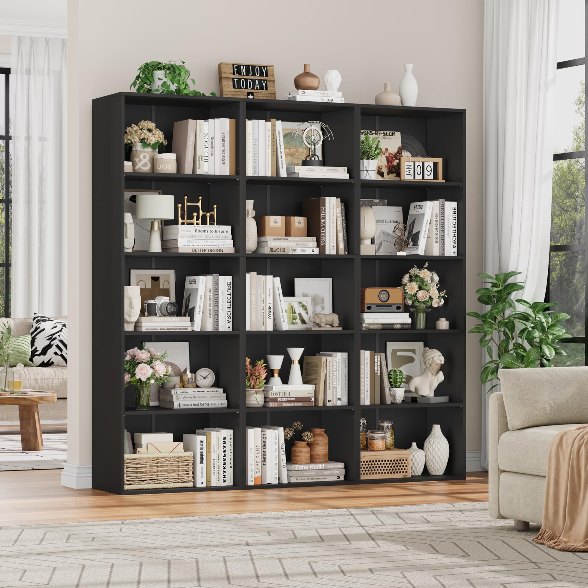 FirFurd Estantería Libros Sinfonier Alto Librería Madera, 5 Compartimentos | Librería Estantería, Biblioteca, Estanterias Almacenaje, Estrecha y Alta, para Salón Oficina Dormitorio Negro 48X30X159Al.cm