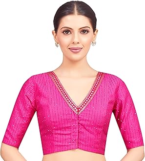 Studio Shringaar Women's Readymade Polyester Elbow Length Sleeves Saree Blouse with Mirror Work