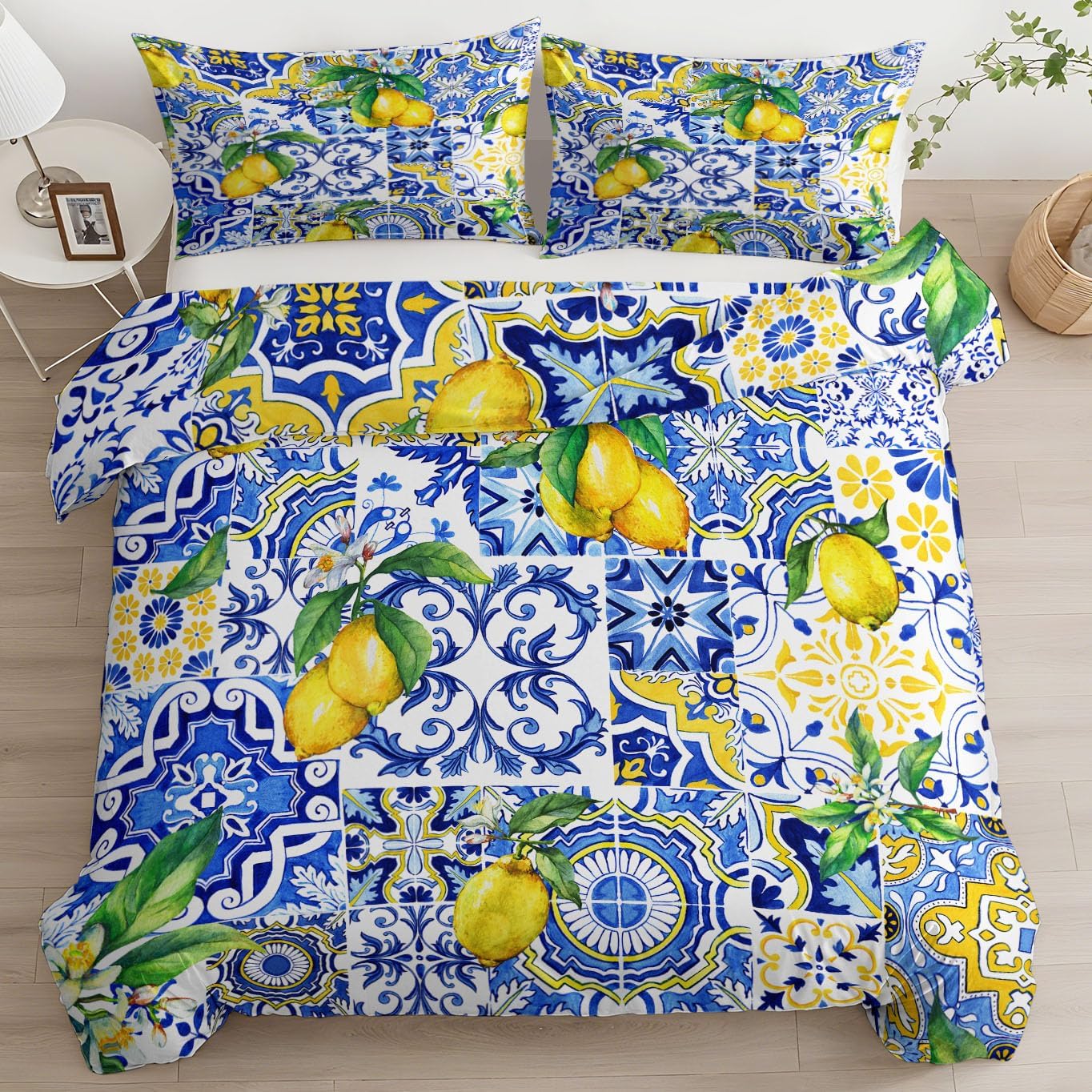 Blau Bettw sche-Sets Zitrone Portugiesischen Fliesen Design Aesthetic Herbst Bettw sche 200x200 cm Weiche Mikrofaser Allergiker Doppelbett 3 Teilig Bettbezug mit Rei verschluss