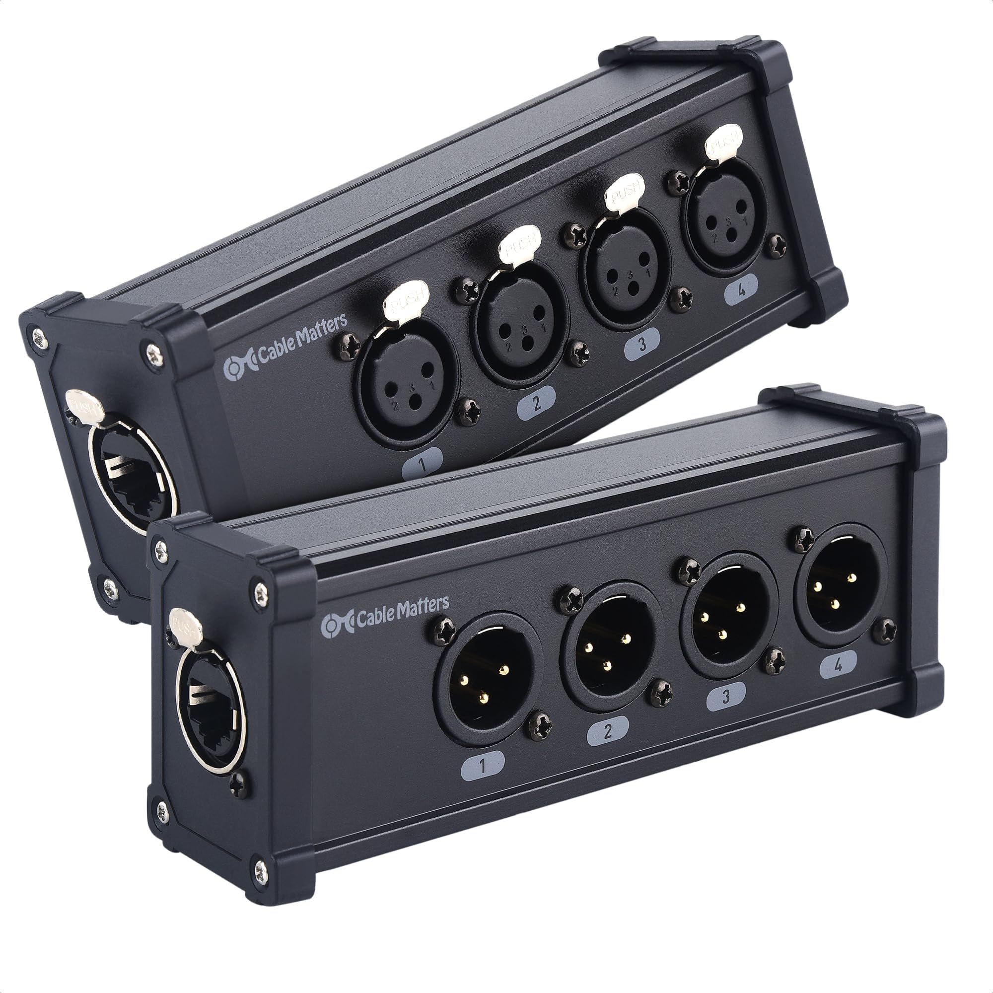 Cable Matters Multi Network XLR Cable 4 Channel Breakout Kit Pair with 2 Boxes (XLR Splitter Boxes Pair with 4X Male Box and 4X Female Box) Compatible with EtherCON Connector, Black