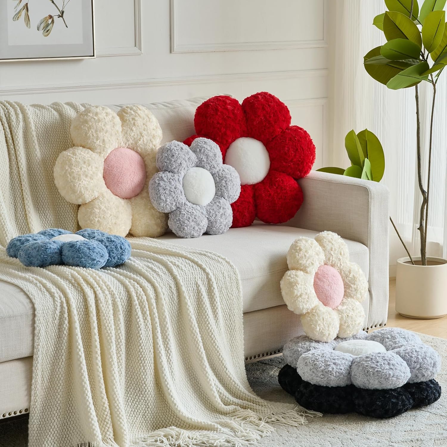 Flower Pillows, Decorative Throw Pillow with Soft Plush for Couch, Flower Shaped Pillow Home Decor Daisy Pillow for Bed (Grey Blue, 14.9 Inches) - Image 4