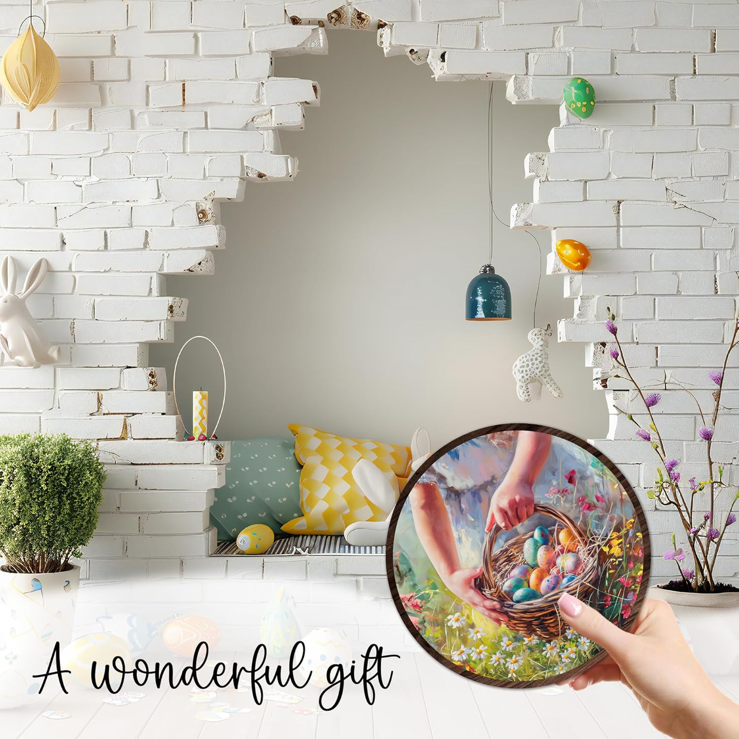 10" Easter Wooden Hanging Sign - Watercolor Eggs Hanging Plaque Decor For Room Office Party Wall Door - Easter Spring Celebration Decorative Party Decoration & Gift Supplies - A05