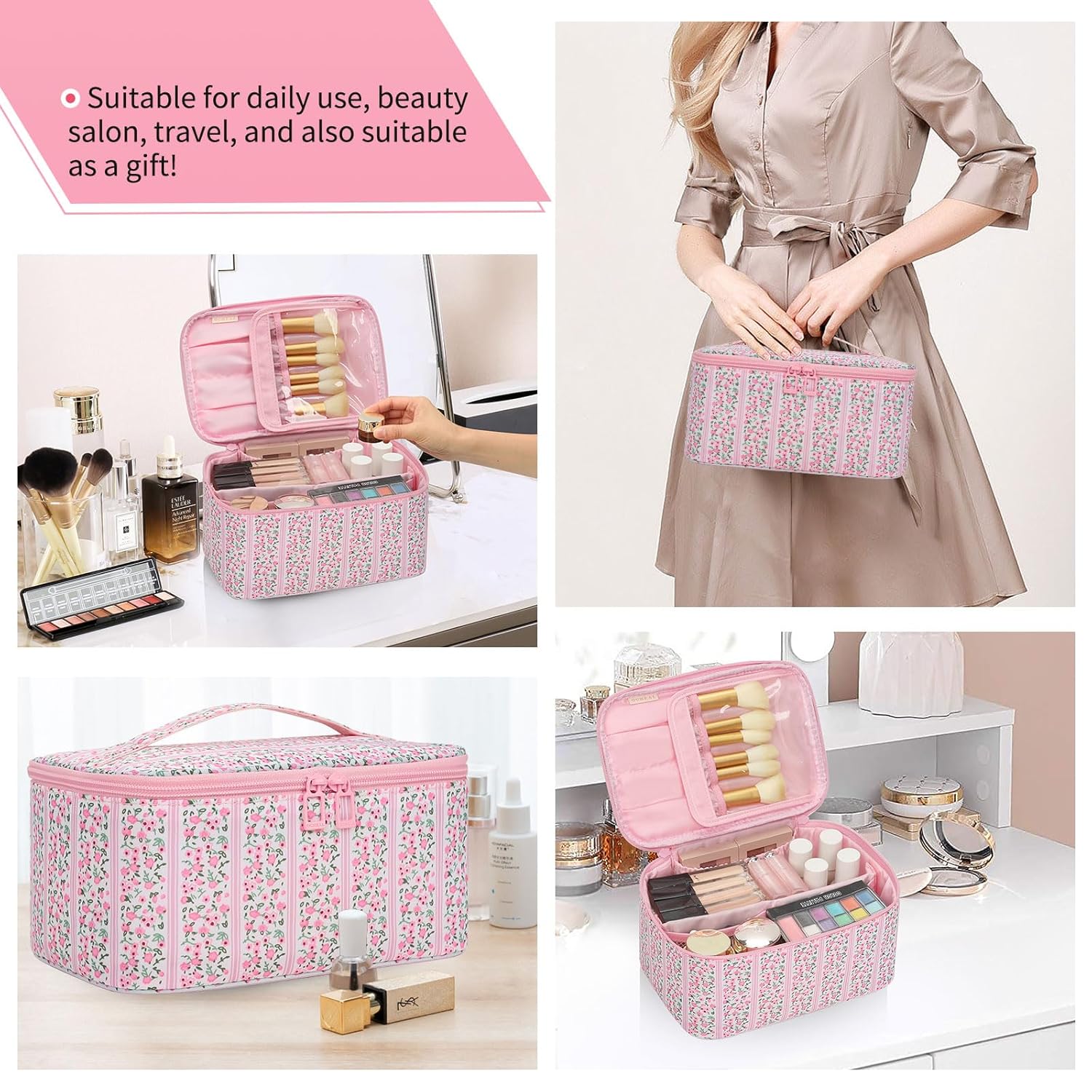 OCHEAL Makeup Bag for Women - Travel Cosmetic Organizer with Brush Slot & Divider, Large Capacity Toiletry Bag for Girls, Travel Makeup Case for everyday Make up Accessories -Pink Floral - Image 8
