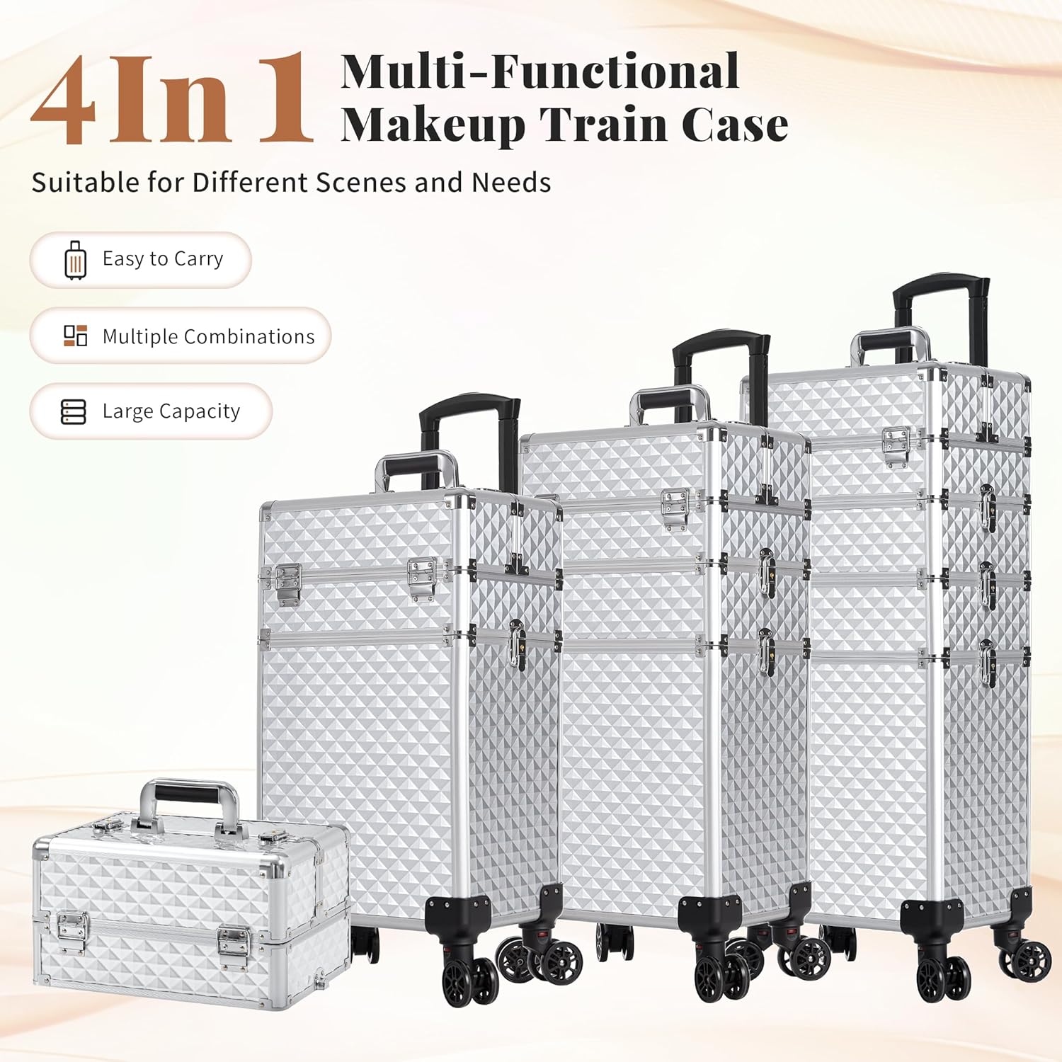 AROUS Rolling Makeup Train Case 4 in 1 Cosmetology Case on Wheels Large Storage Cosmetic Trolley with Key Salon Barber Case Traveling Cart Trunk, Silver - Image 2