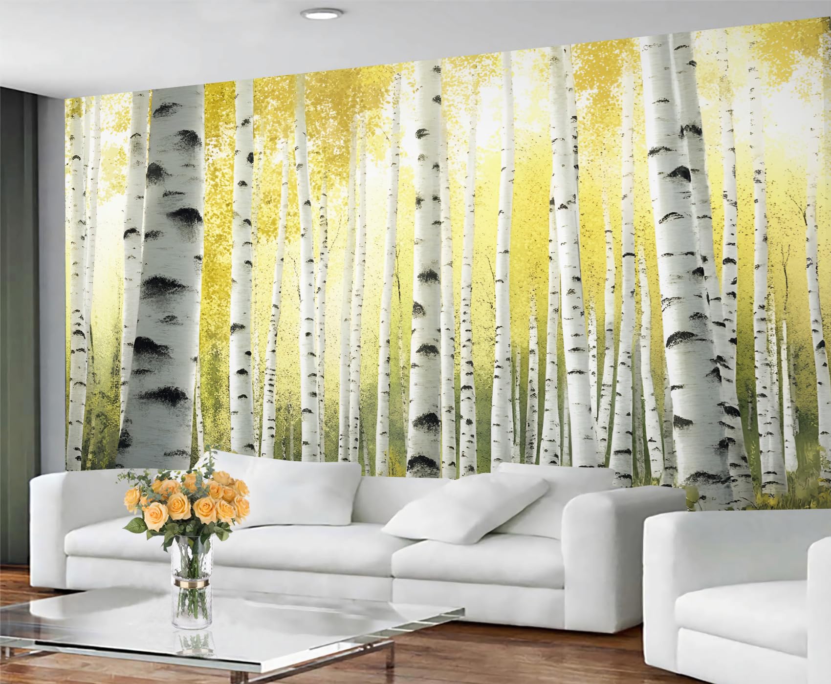 Papier peint feuilles de bouleau pour créer un salon esprit nature lumineuse