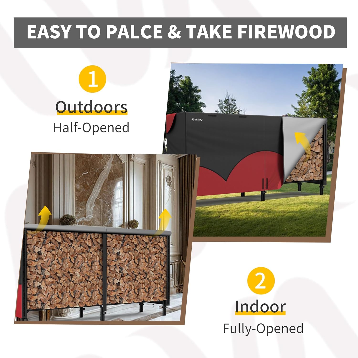 Rosefray 8ft Firewood Rack Cover,Heavy Duty 600D Wood Rack Cover with Waterproof Oxford Weather Resistant Indoor Outdoor Storage Wood Cover for Log Holder Blackred