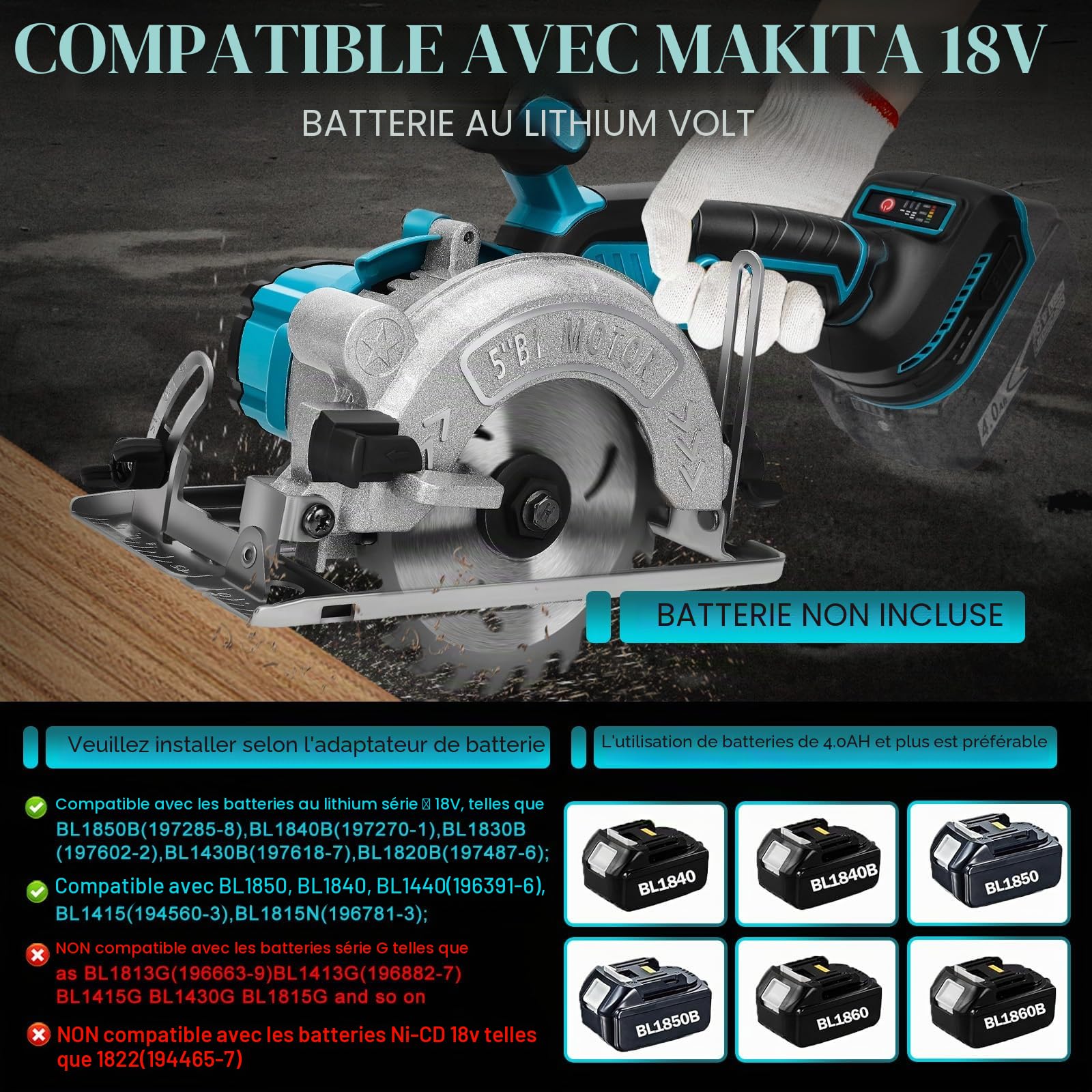 Scie circulaire sans fil pour Makita 18 V batterie, mini scie circulaire manuelle Sans brosse (sans batterie), 125mm 2 Lames, Profondeur de Coupe 41mm(90°), 32.5mm(45°), pour Bois, Carrelage, Métal