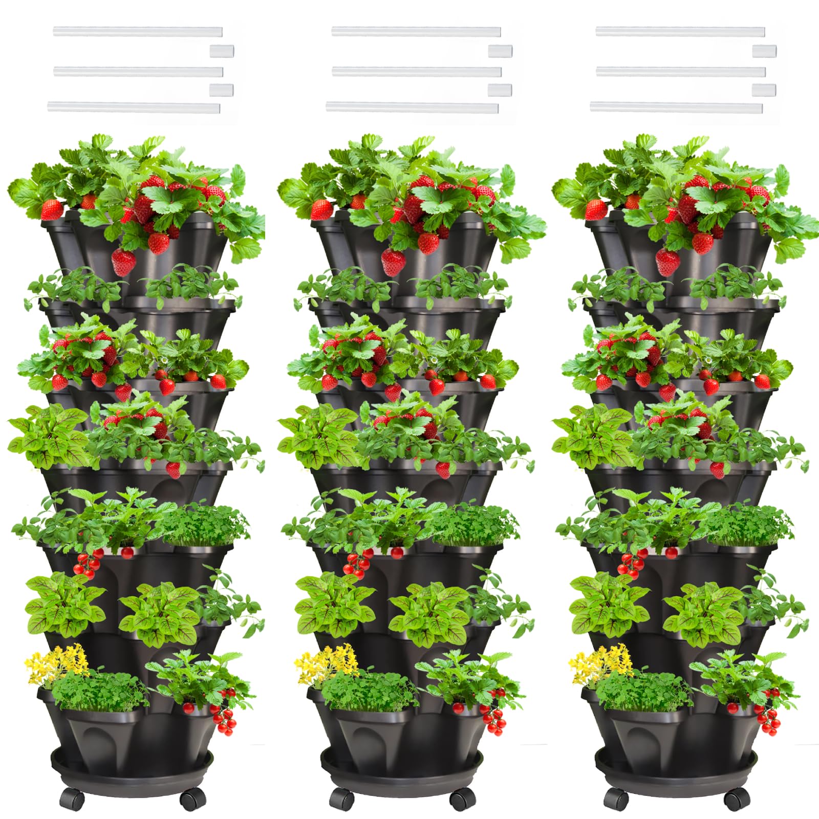 Tectsia Strawberry Vertical Planters Tower Garden 3 Pack, 7 Tiered Stacking Herb Vegetable Planter with Support Pole Indoor and Outdoor - Black