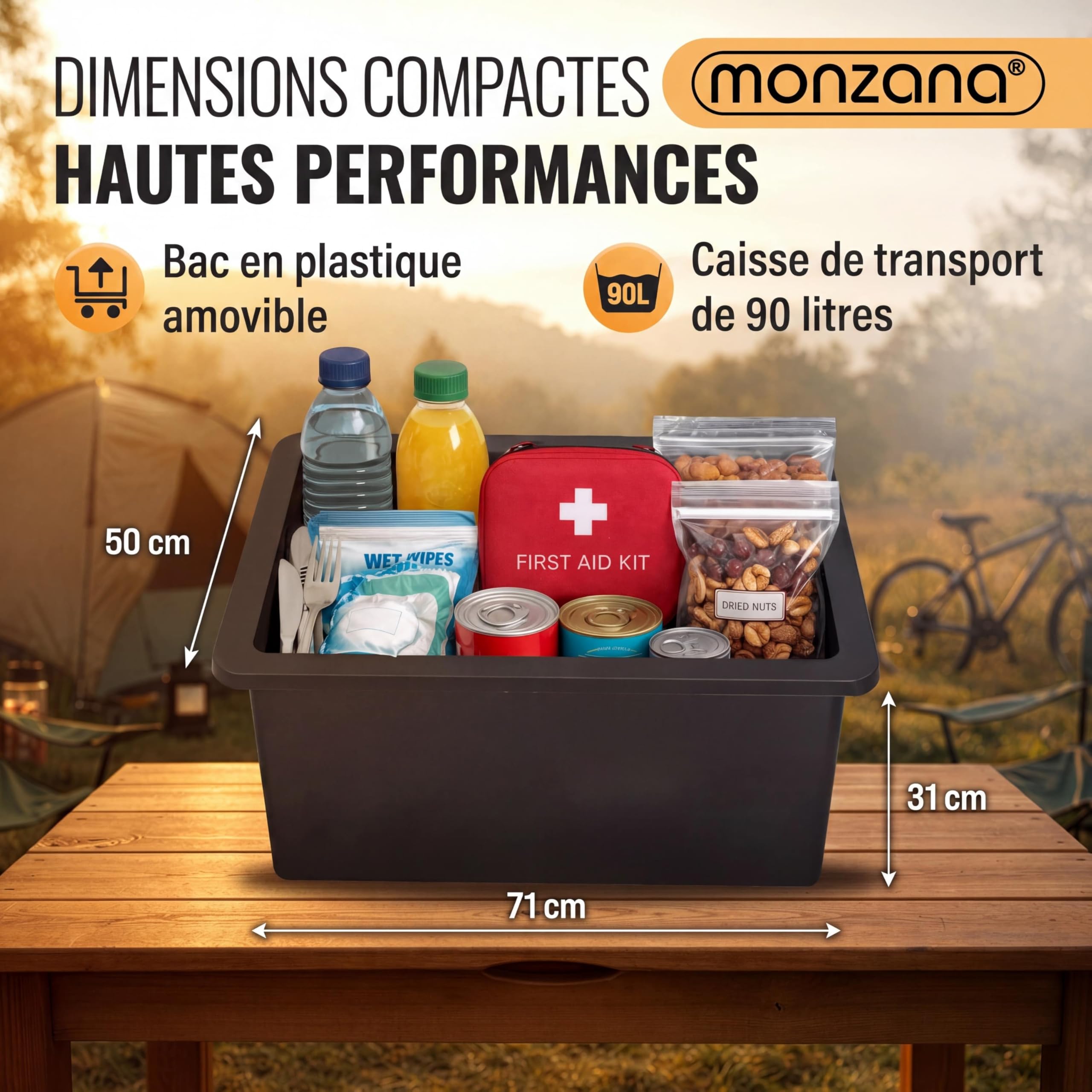 MONZANA Remorque Vélo Cuve 90L Amovible Bâche Barre Attelage Rotatif Réflecteurs Transport Chariot 80kg