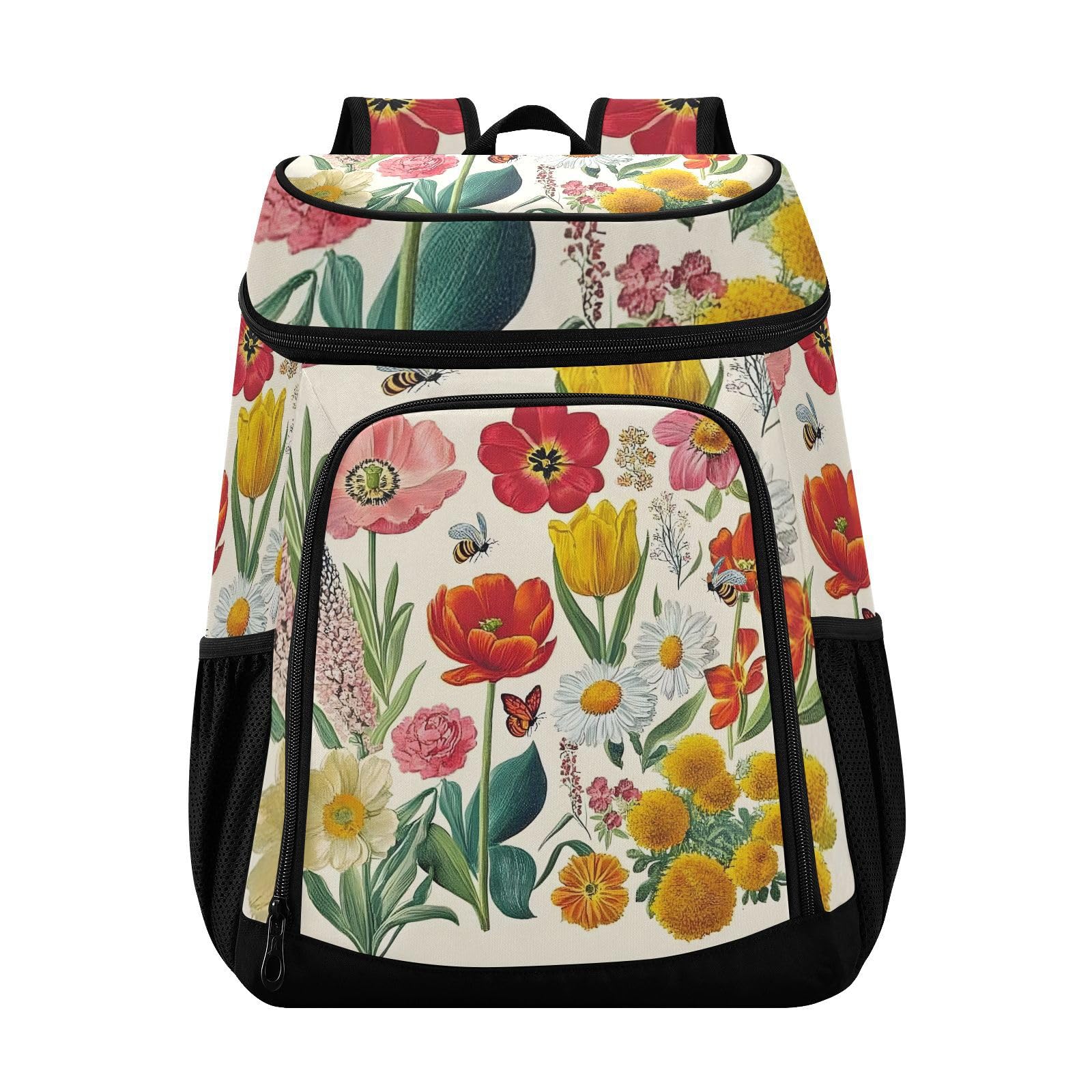 Poppy Daisy Bee Wildflower Cooler Backpack Cooler Insulated Leak Proof Lunch Backpack 36 Cans Waterproof Soft for Men Women Picnic Hiking Camping Beach