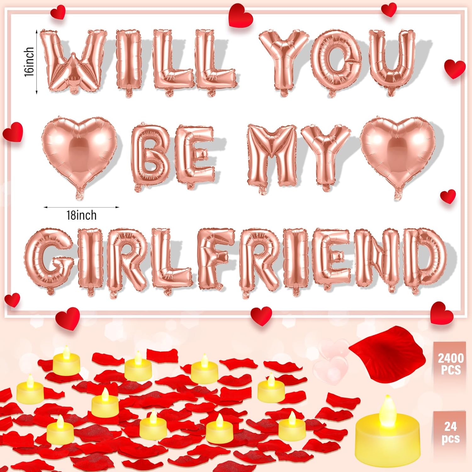 HyDren 18" Will You Be My Girlfriend Balloons Letters Kit Include Heart Shaped Balloons and LED Tealight Candles with Rose Petals Romantic Girlfriend Proposal Kit Valentines Day Decorations(Rose Gold) - Image 4