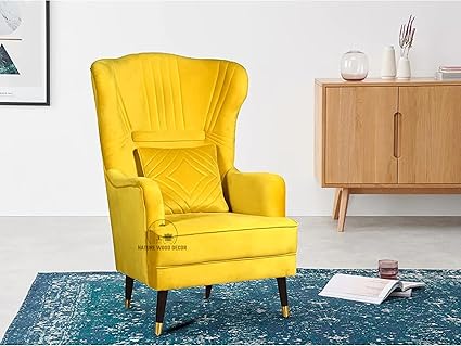 Nature Wood Decor Wing Back Chair Upholstered Armchair for livingroom arm Chair Wing Back Chair Single Seater (Yellow)