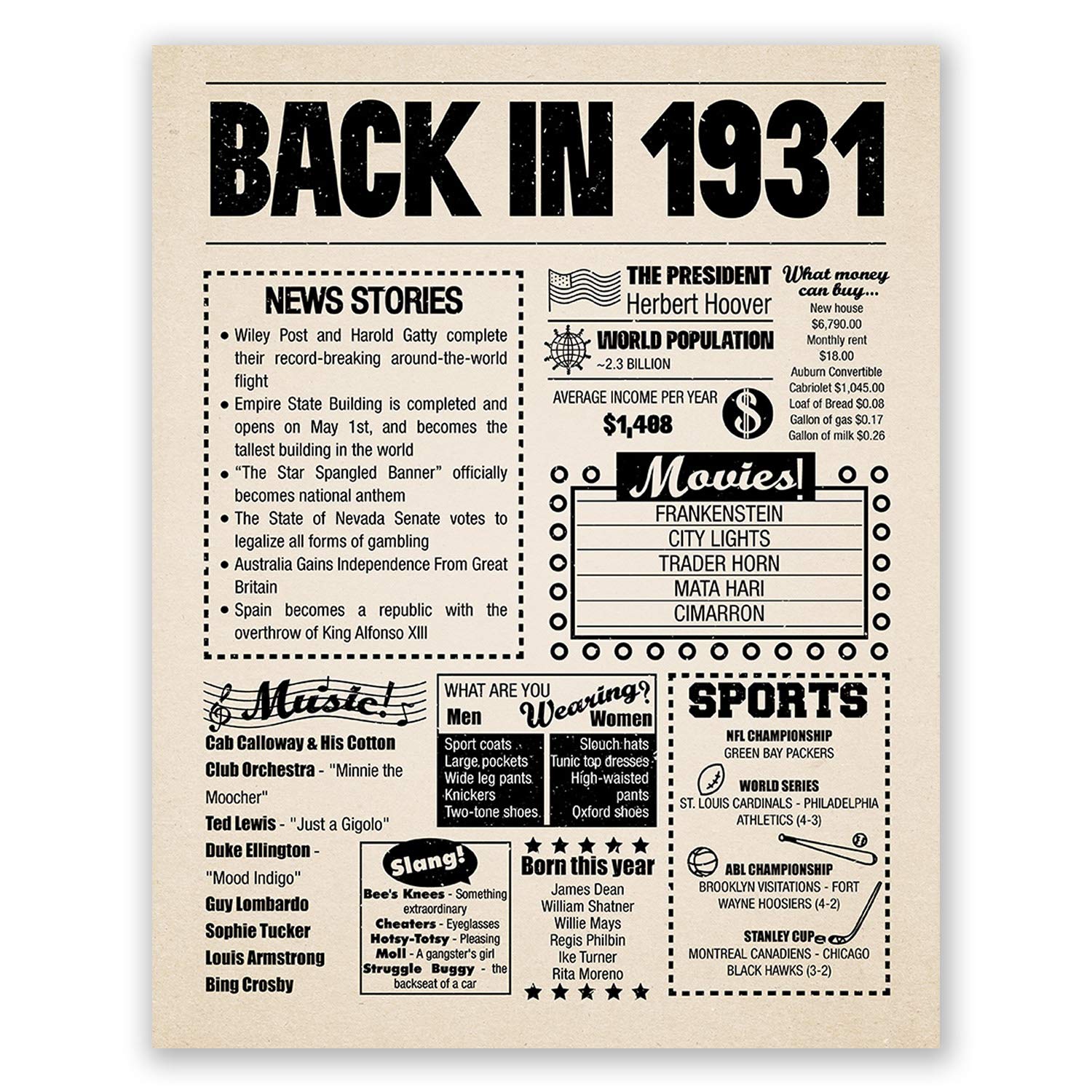 8x10 1931 Birthday Gift // Back in 1931 Newspaper Poster // 93rd Birthday Gift // 93rd Party Decoration // 93rd Birthday Sign // Born in 1931 Print (8x10, Newspaper, 1931)