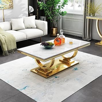 47" White Marble Coffee Table, Modern Rectangular Faux Marble Coffee Table with Gold Mirrored Stainless Steel Pedestal, Elegant Cocktail Center Table Sofa Table for Living Room